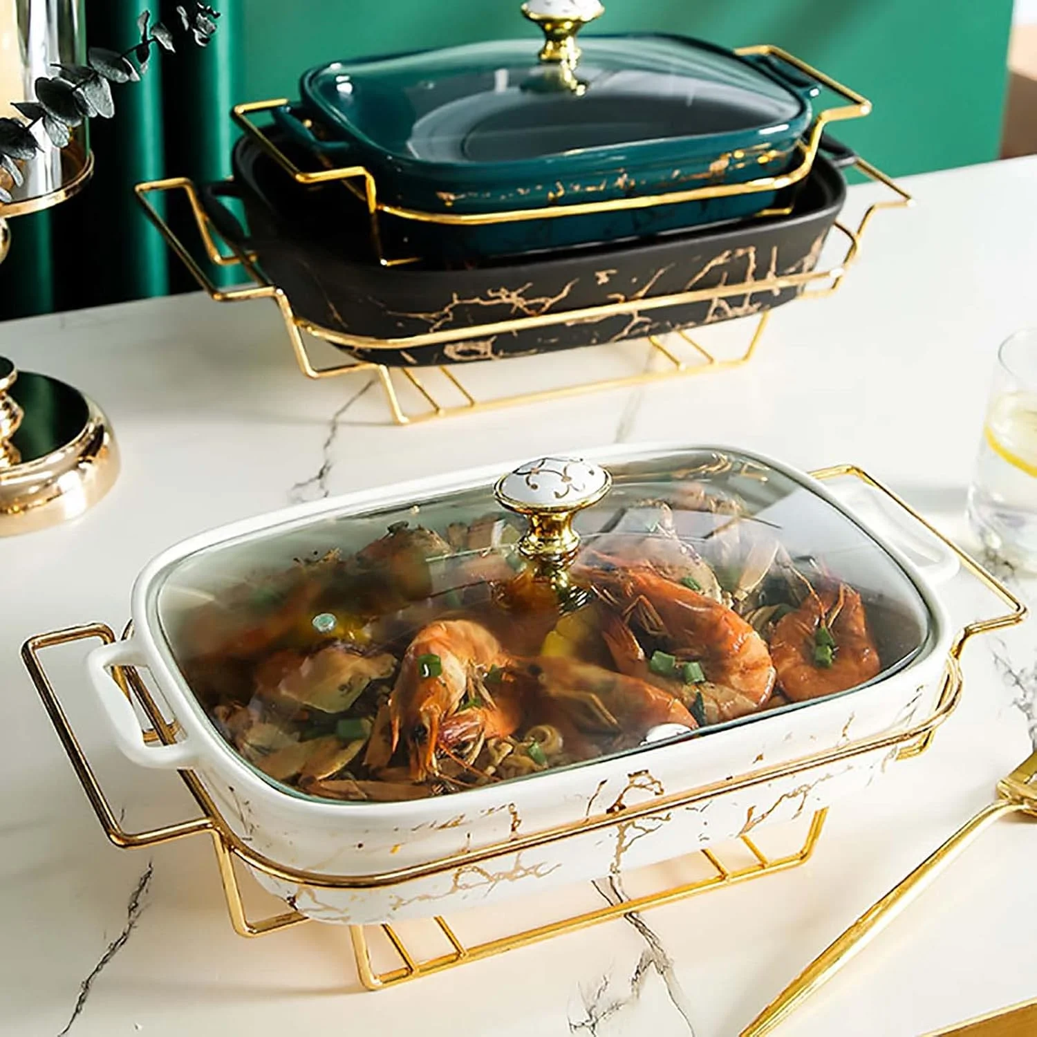 ظرف گرم نگهدارنده غذا سرامیکی XQKXHZ، مستطیلی، گرم کننده بوفه و غذا، گرمکن بوفه ممتاز با درب شیشه ای و جای سوخت، برای بوفه/عروسی/مهمانی/ضیافت/رویدادهای پذیرایی - 1.2 لیتر، سبز، B