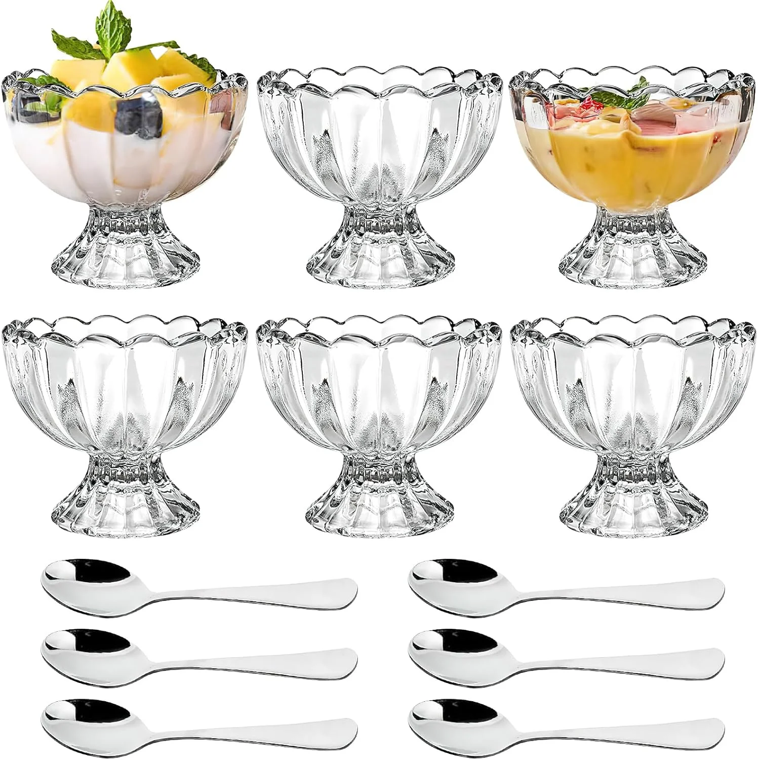 ظروف بستنی خوری شیشه ای Xaztr، 6 عددی، ظروف دسر شیشه ای کوچک 150 میلی لیتری به همراه قاشق استیل، کاسه پایه دار مناسب سرو کوکتل، بستنی، دسرهای لایه ای، سالاد، چاشنی و میوه ظروف بستنی خوری شیشه ای Xaztr، 6 عددی، ظروف دسر شیشه ای کوچک 150 میلی لیتری به همراه قاشق استیل، کاسه پایه دار مناسب سرو کوکتل، بستنی، دسرهای لایه ای، سالاد، چاشنی و میوه