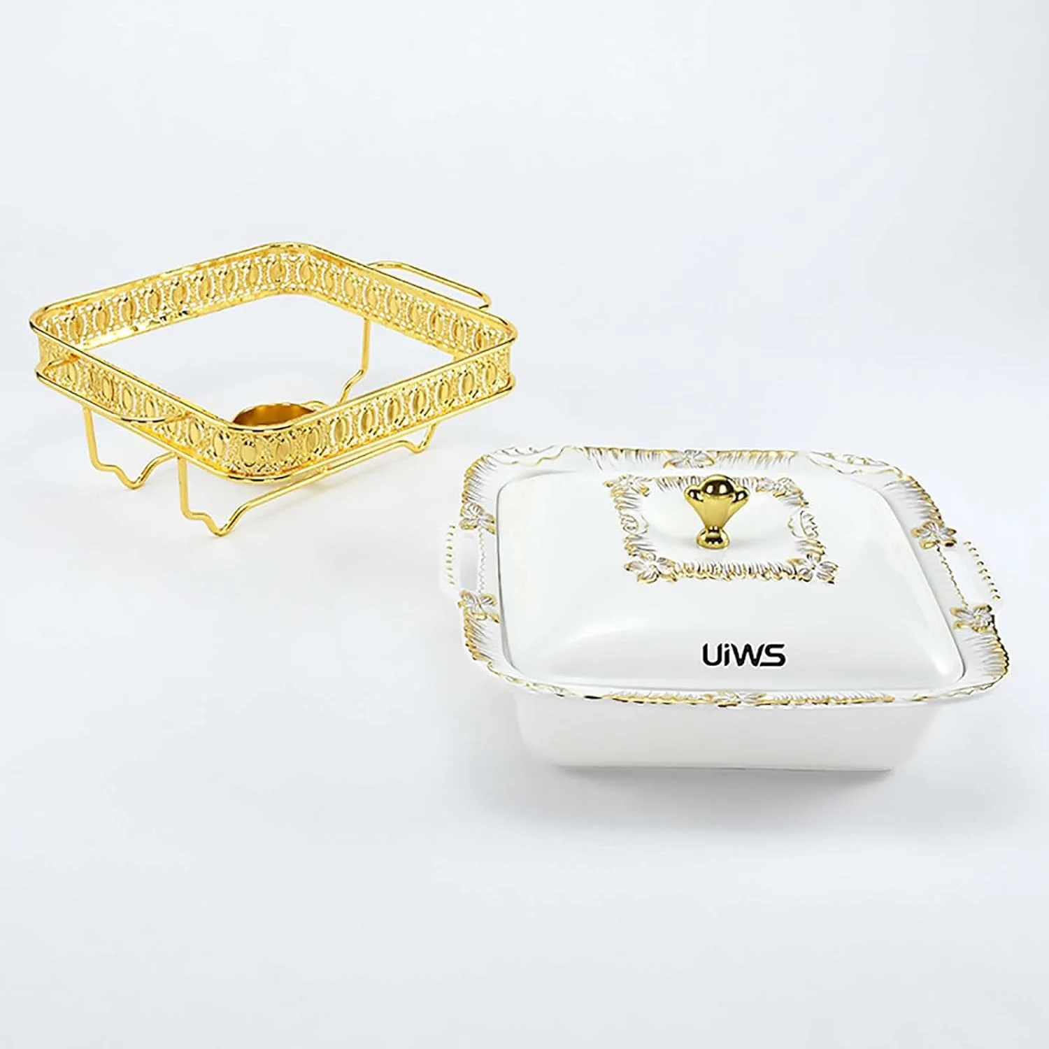 ظرف گرم نگهدارنده غذا سرامیکی سفید ممتاز XQKXHZ، گرمکن بیضی/مستطیلی غذا، سرویس بوفه با درب و جای سوخت برای پذیرایی، بوفه، مهمانی ها، مجالس، مستطیل، 2.8 لیتر