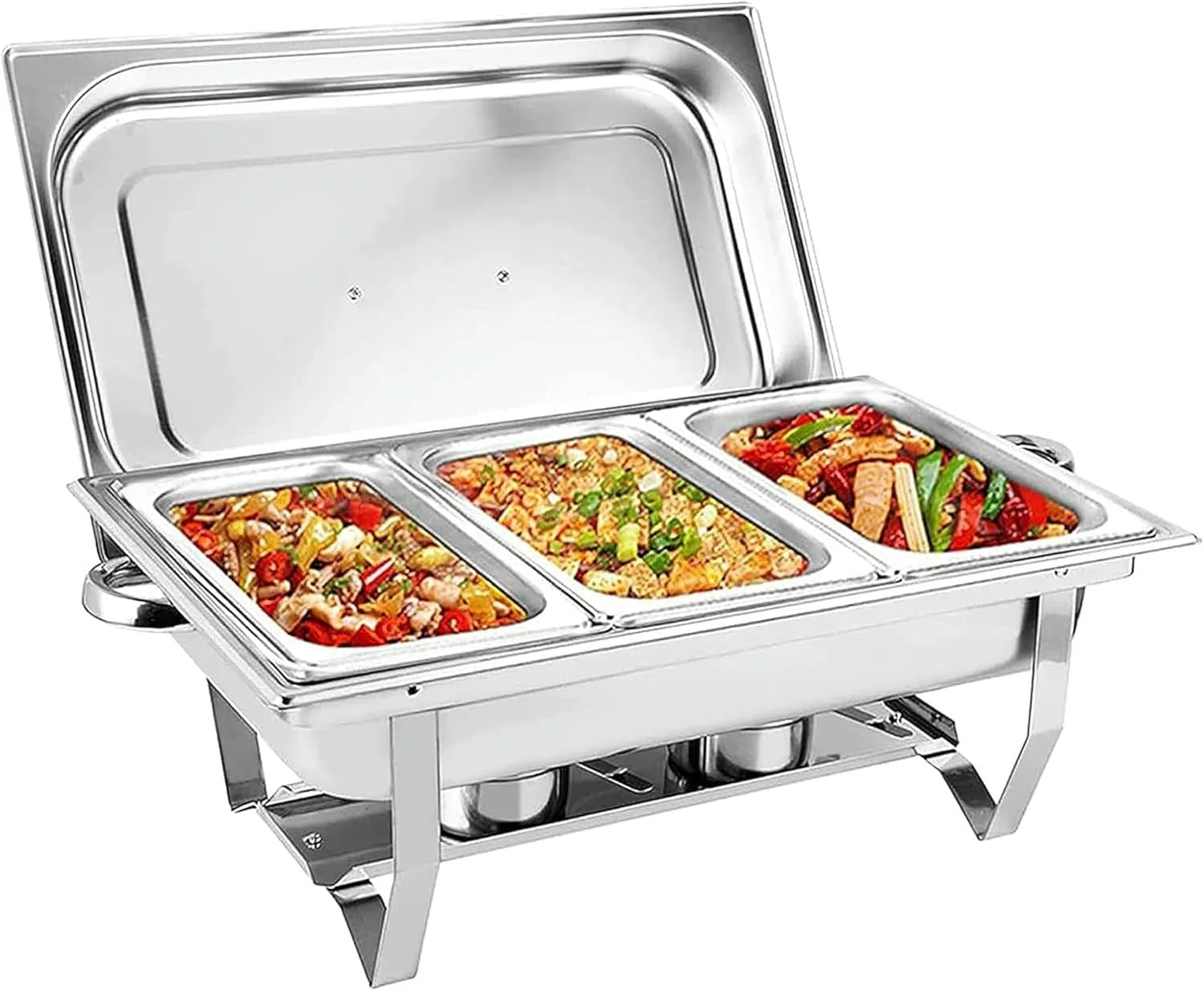 گرمکن غذا XENITE با ظرفیت 7.5 لیتر، گرمکن بوفه استیل ضد زنگ با 3 ظرف غذا، جایگاه سوخت و درب برای مهمانی و پذیرایی گرمکن غذا XENITE با ظرفیت 7.5 لیتر، گرمکن بوفه استیل ضد زنگ با 3 ظرف غذا، جایگاه سوخت و درب برای مهمانی و پذیرایی