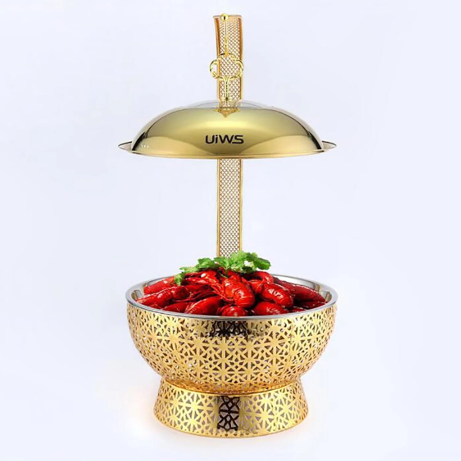 ظروف گرم کننده غذا گرد XQKXHZ با درب و جایگاه سوخت، طراحی منحصر به فرد توخالی، سرو بوفه استیل ضد زنگ ممتاز برای مهمانی ها، عروسی ها، رستوران ها، طلایی، مونتاژ آسان