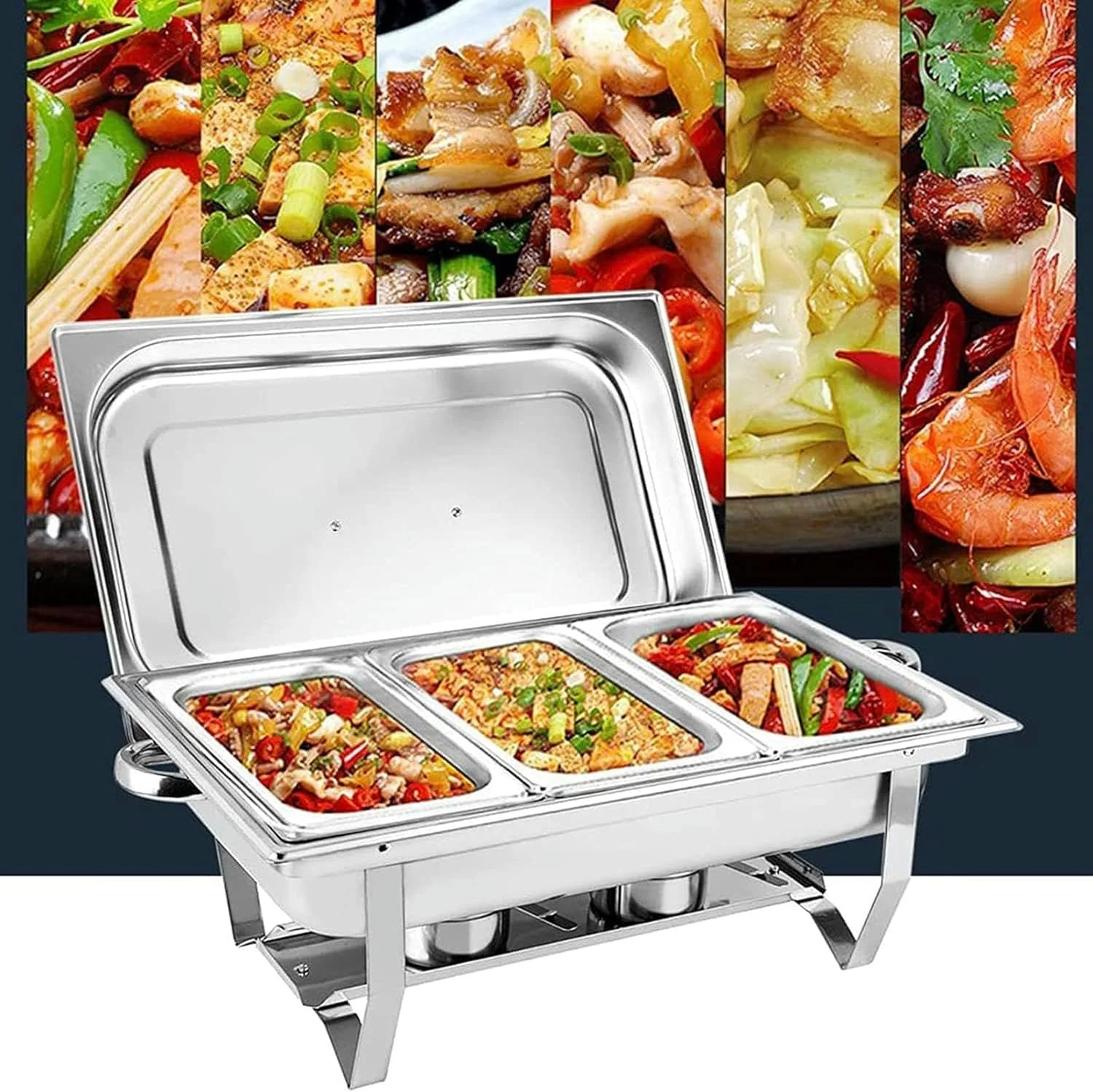 گرمکن غذا XENITE با ظرفیت 7.5 لیتر، گرمکن بوفه استیل ضد زنگ با 3 ظرف غذا، جایگاه سوخت و درب برای مهمانی و پذیرایی