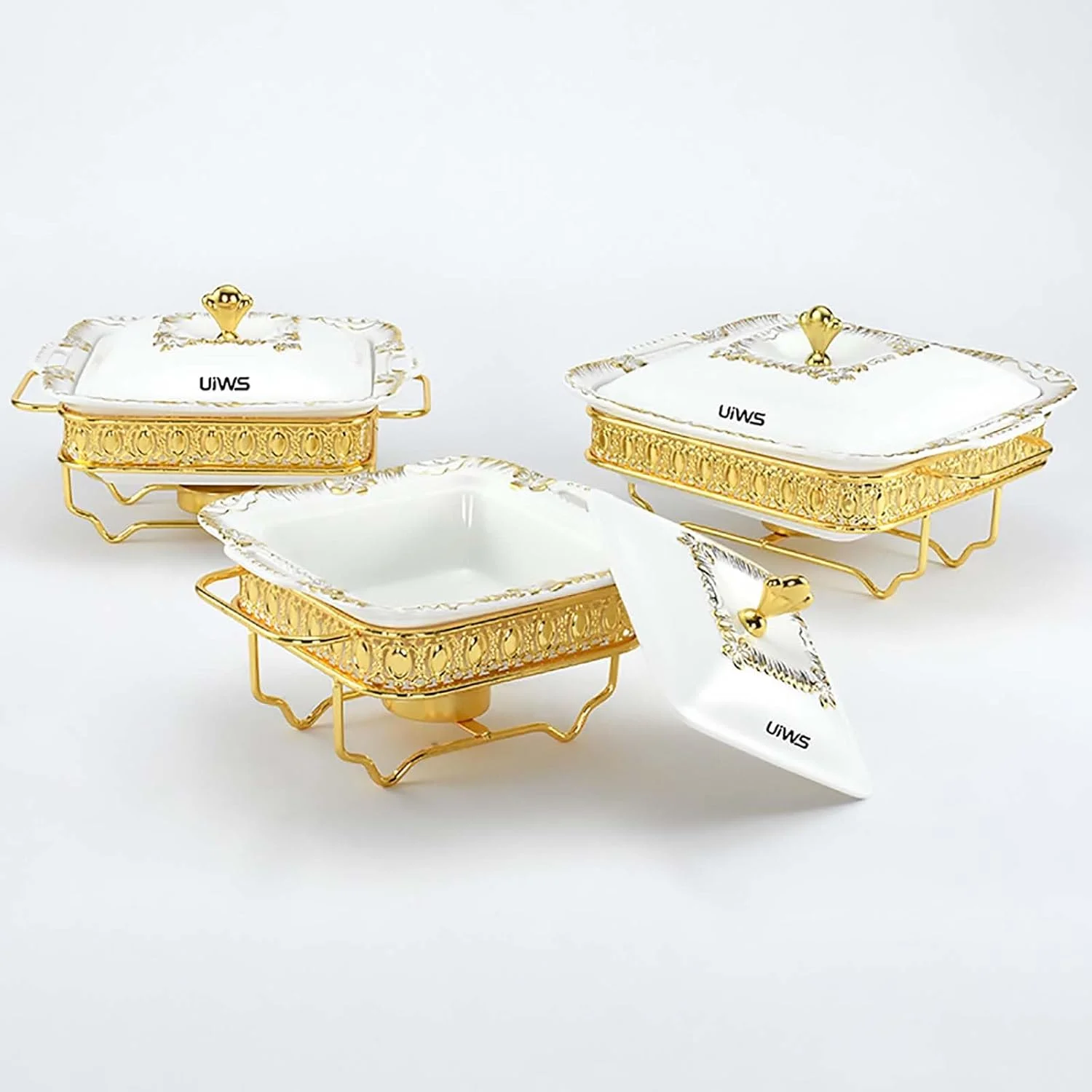 ظرف گرم نگهدارنده غذا سرامیکی سفید ممتاز XQKXHZ، گرمکن بیضی/مستطیلی غذا، سرویس بوفه با درب و جای سوخت برای پذیرایی، بوفه، مهمانی ها، مجالس، مستطیل، 2.8 لیتر