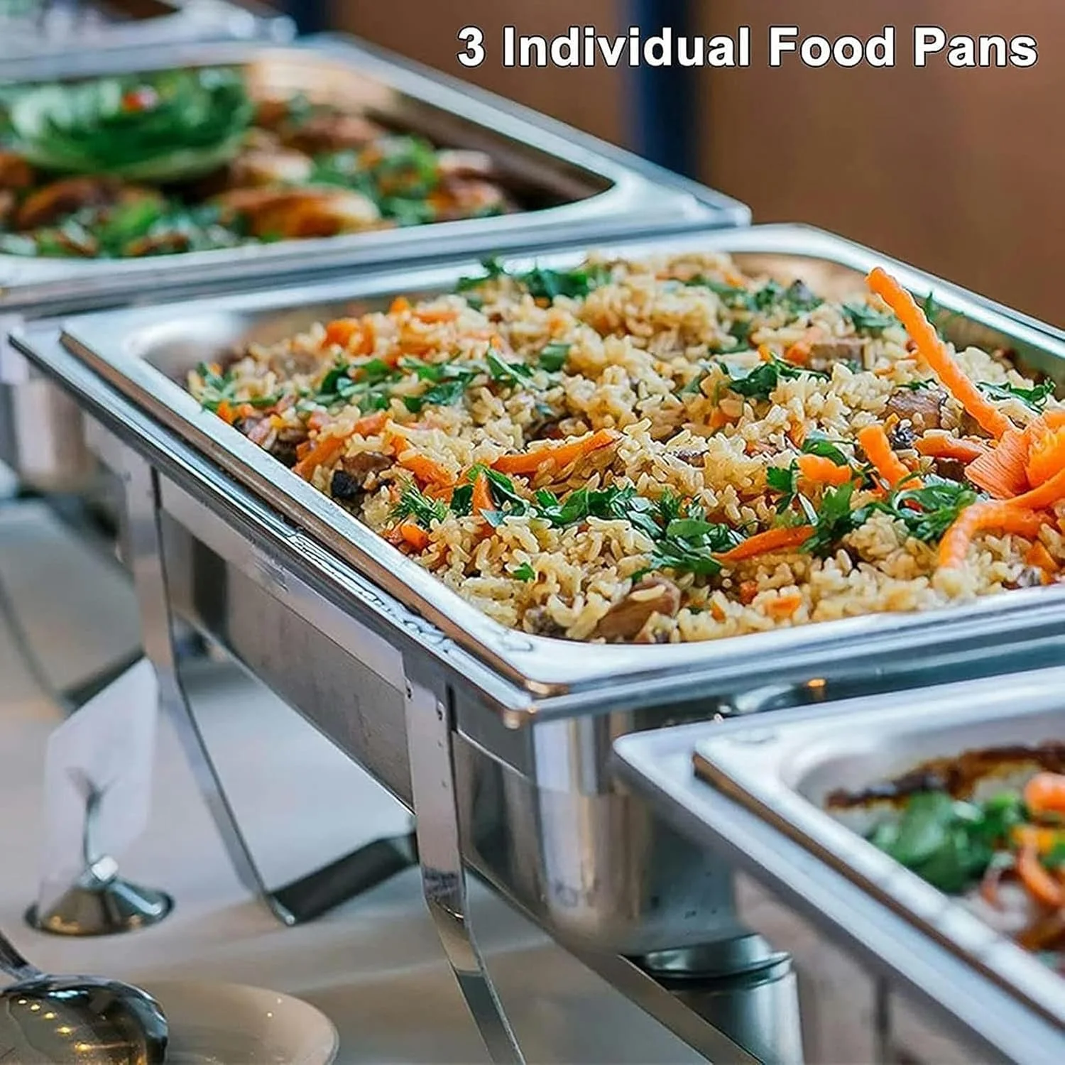 گرمکن غذا XENITE با ظرفیت 7.5 لیتر، گرمکن بوفه استیل ضد زنگ با 3 ظرف غذا، جایگاه سوخت و درب برای مهمانی و پذیرایی