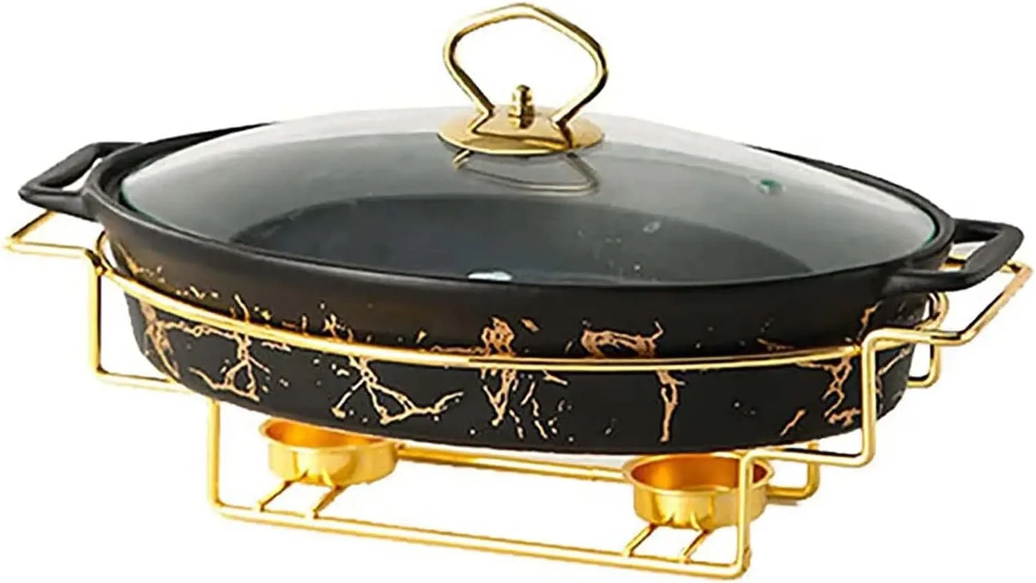 ظروف گرم نگهدارنده غذا سرامیکی ممتاز XQKXHZ، گرمکن بیضی شکل غذا با طرح بافت مرمر، ظروف سرو بوفه با نگهدارنده سوخت و درب شیشه ای برای مهمانی ها، ضیافت ها، تولد، رویدادهای پذیرایی - 1.1 لیتر، مشکی، B