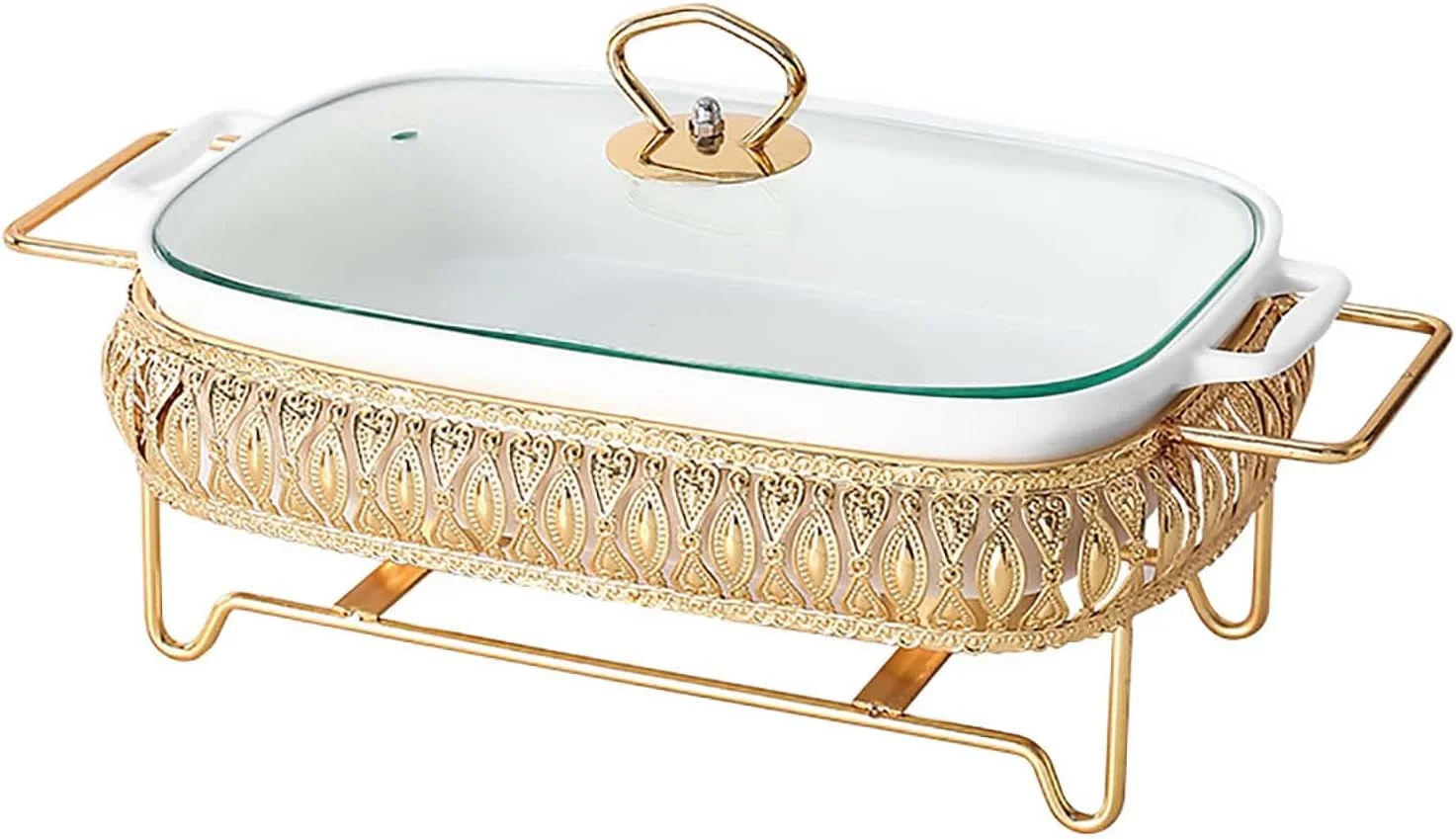 ظروف گرم نگهدارنده غذا سرامیکی سفید XQKXHZ، گرم کننده های غذای بوفه ممتاز، ظروف سرو مستطیلی/بیضی شکل با نگهدارنده سوخت و درب شیشه ای قابل مشاهده برای رویدادها، مهمانی ها، پذیرایی، A, L