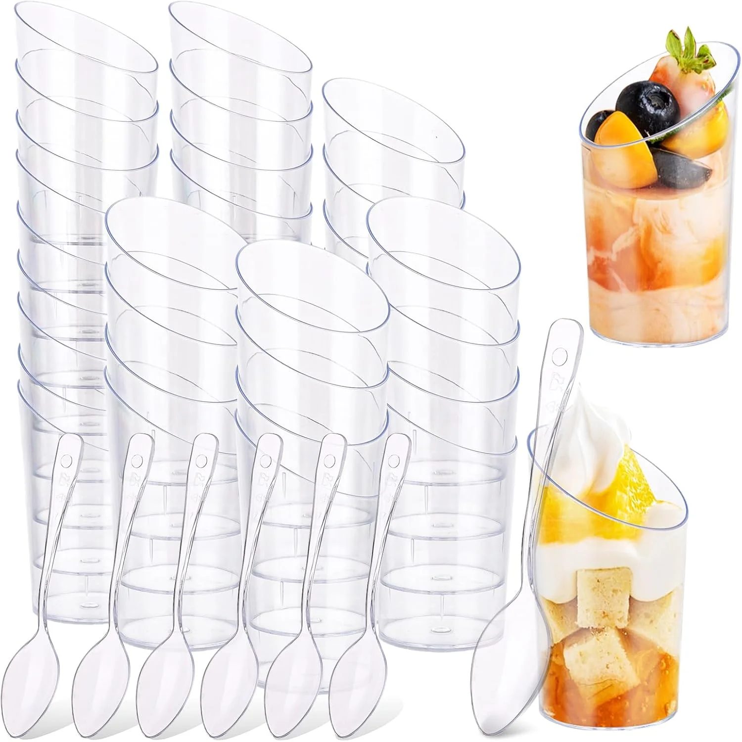 WOPPLXY 100 عدد مینی فنجان دسر زاویه دار با قاشق، ظروف دسر پلاستیکی 65 میلی لیتری، فنجان های دسر استوانه ای، فنجان های سرو پیش غذا شفاف برای مهمانی، موس، پودینگ