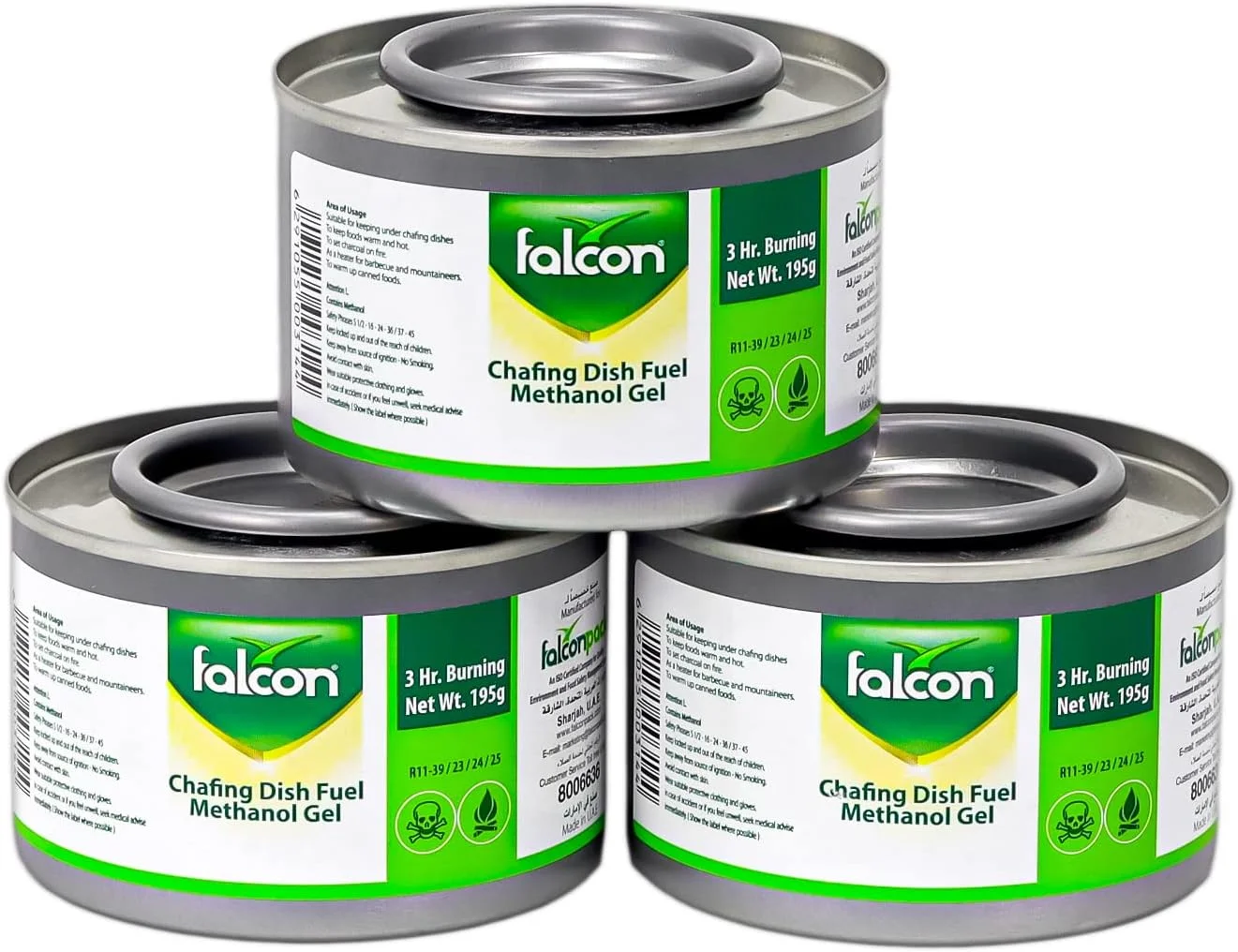 سوخت ژله ای متانول گرم کننده غذا FALCON برای گرم نگه داشتن غذا با قابلیت 3 ساعت سوختن، ظرفیت 195 گرم - باز کردن آسان، سوخت مایع ایمن (بسته 3 عددی)