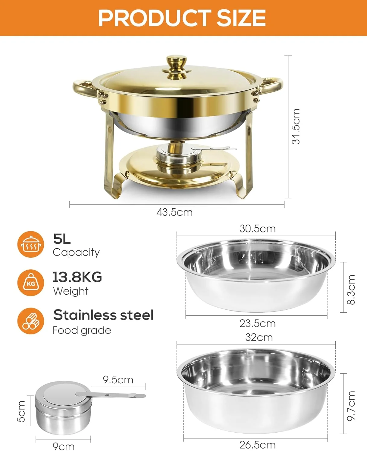 ظرف گرم نگهدارنده غذا ونمیلی، ست بوفه گرمکن غذا 5 لیتری، 2 عدد ظروف استیل ضد زنگ، گرمکن غذا برای بوفه و مهمانی (گرد طلایی، 2 ست)
