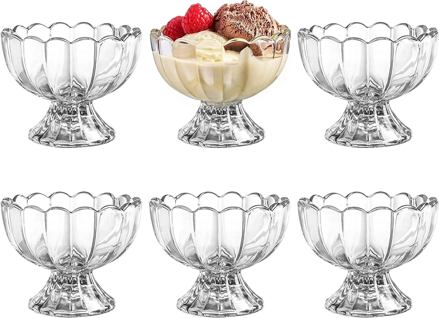 THE WHITE SHOP 6PCs Set 5.6oz Small Cute Footed Tulip Glass Dessert Bowls/Cups - Perfect for Dessert, Sundae, Ice Cream, Fruit, Trifle and Christmas Holiday Party (Clear)/A