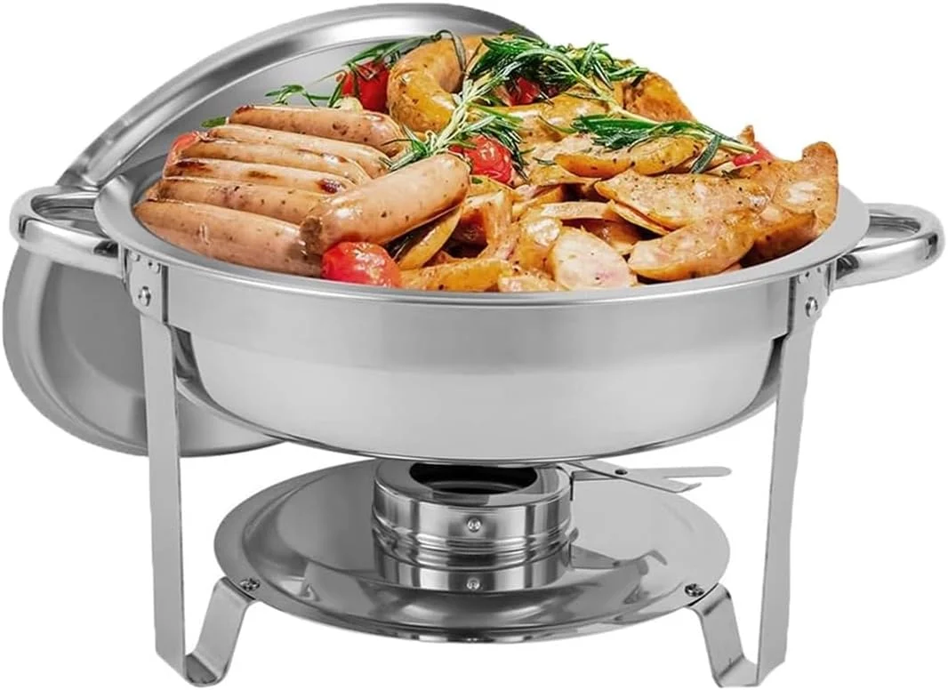 ظروف گرم نگهدارنده غذا گرد 4.5 لیتری The White Shop، ظروف گرم کننده استیل ضد زنگ به همراه ظرف آب، ظرف غذا، جای سوخت و درب