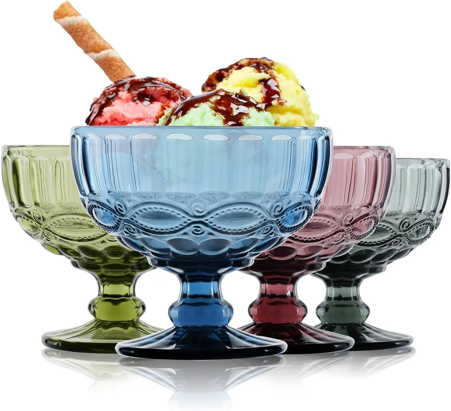 THE WHITE SHOP ست 6 عددی کاسه بستنی شیشه ای 350 میلی لیتری - کاسه های دسر شیشه ای طرح دار قدیمی - کاسه کوچک بستنی /میوه/سالاد/ساندی، رنگ شیشه ای یکدست (رنگ: آبی)