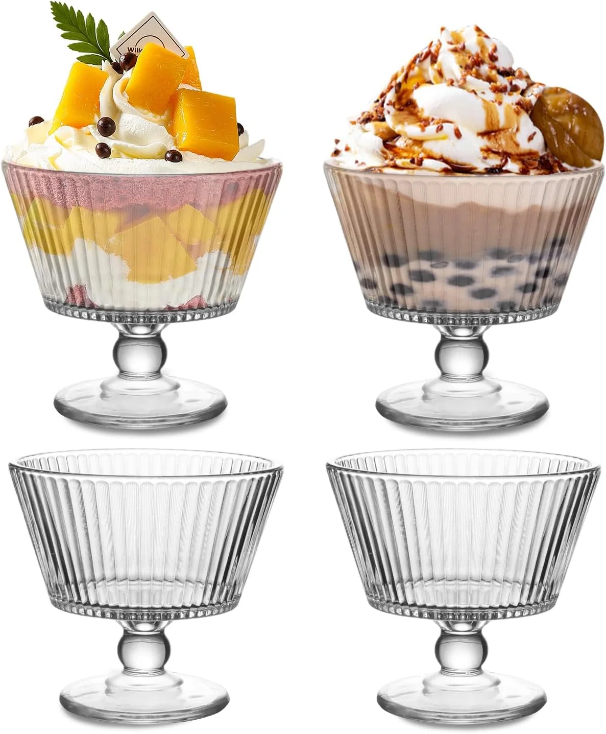 wangsdjy کاسه های دسر شیشه ای 255 گرمی، کاسه ها و فنجان های دسر وینتیج - بدون سرب و ضخیم شده، برای بستنی، میوه، پودینگ، تنقلات کوچک، ماست و پیش غذا (4 عدد)