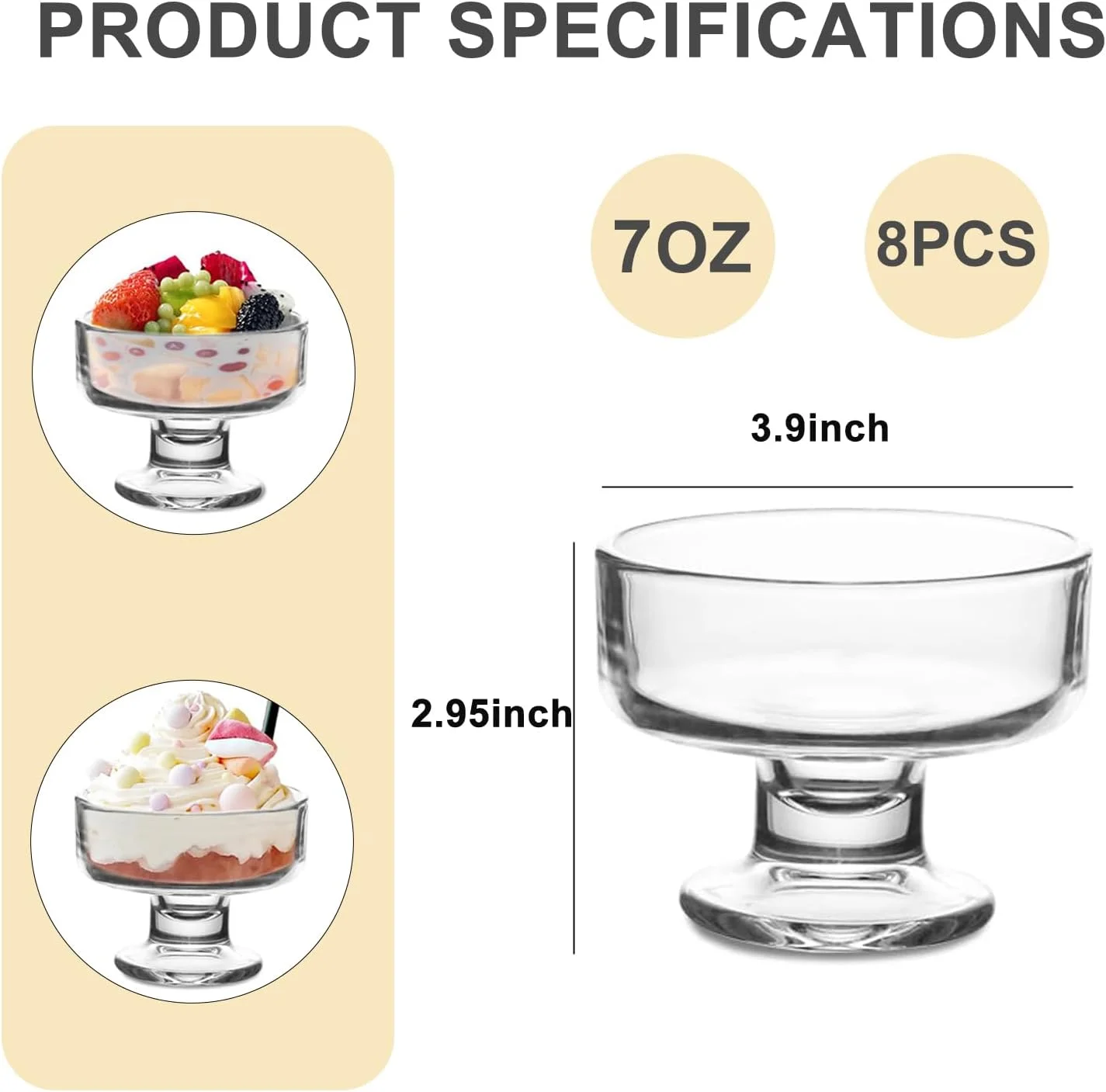 wangsdjy کاسه بستنی شیشه ای 7oz - کاسه و فنجان دسر چند منظوره برای نوشیدنی های ترکیبی، دسرها، آجیل، میوه، پودینگ و تنقلات - ایده آل برای مهمانی ها و دورهمی ها (8 عدد)