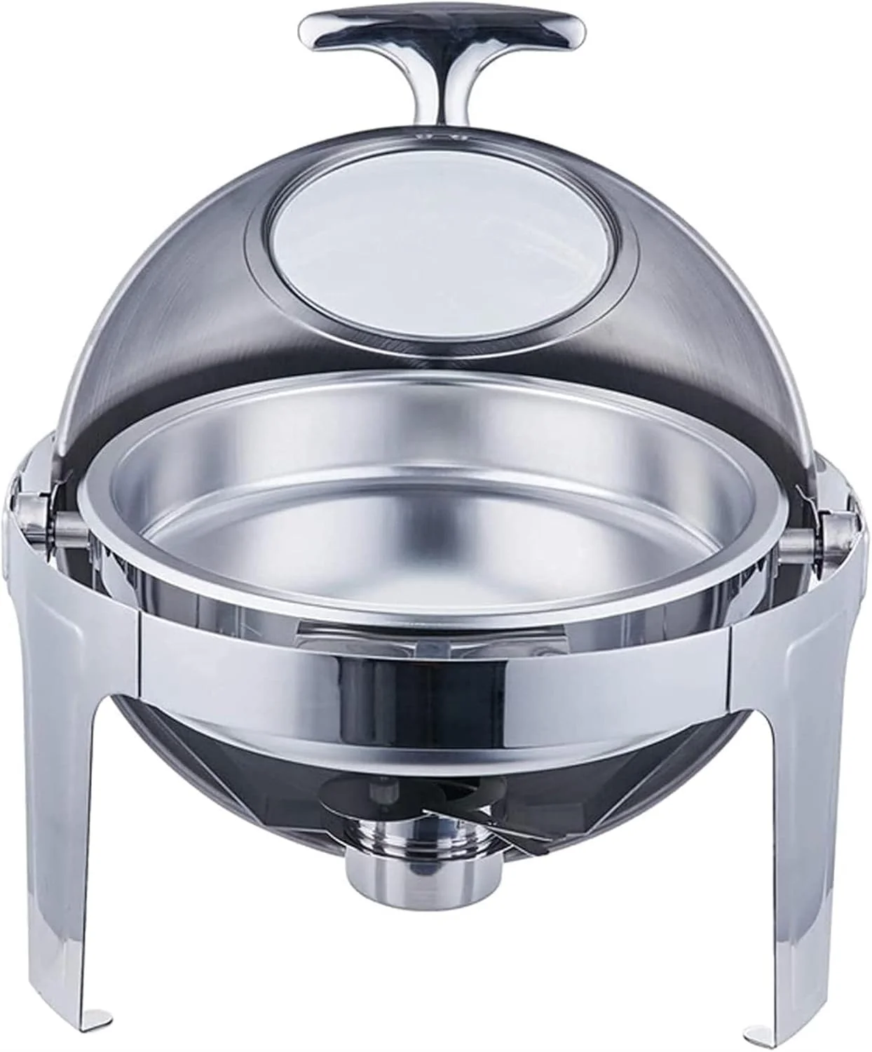 گرم نگهدارنده غذا، ظرف گرم کننده استیل ضد زنگ گرد، مناسب بوفه، به همراه ظروف غذا و نگهدارنده سوخت، دارای پنجره