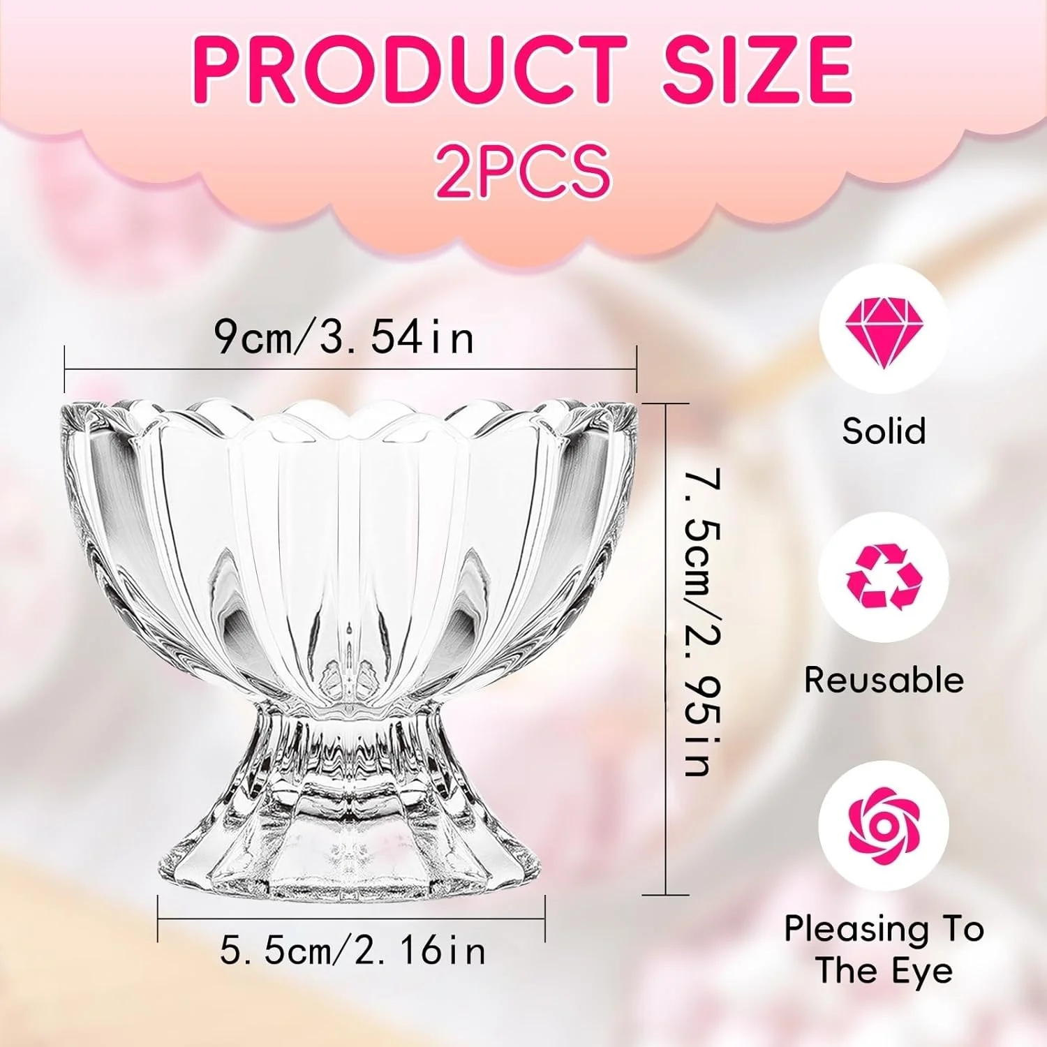 ست 2 عددی کاسه دسر شیشه ای وینتیج 150 میلی لیتری، جام بستنی پایه سنگین برای بستنی، میوه، پودینگ، تنقلات و چاشنی ها