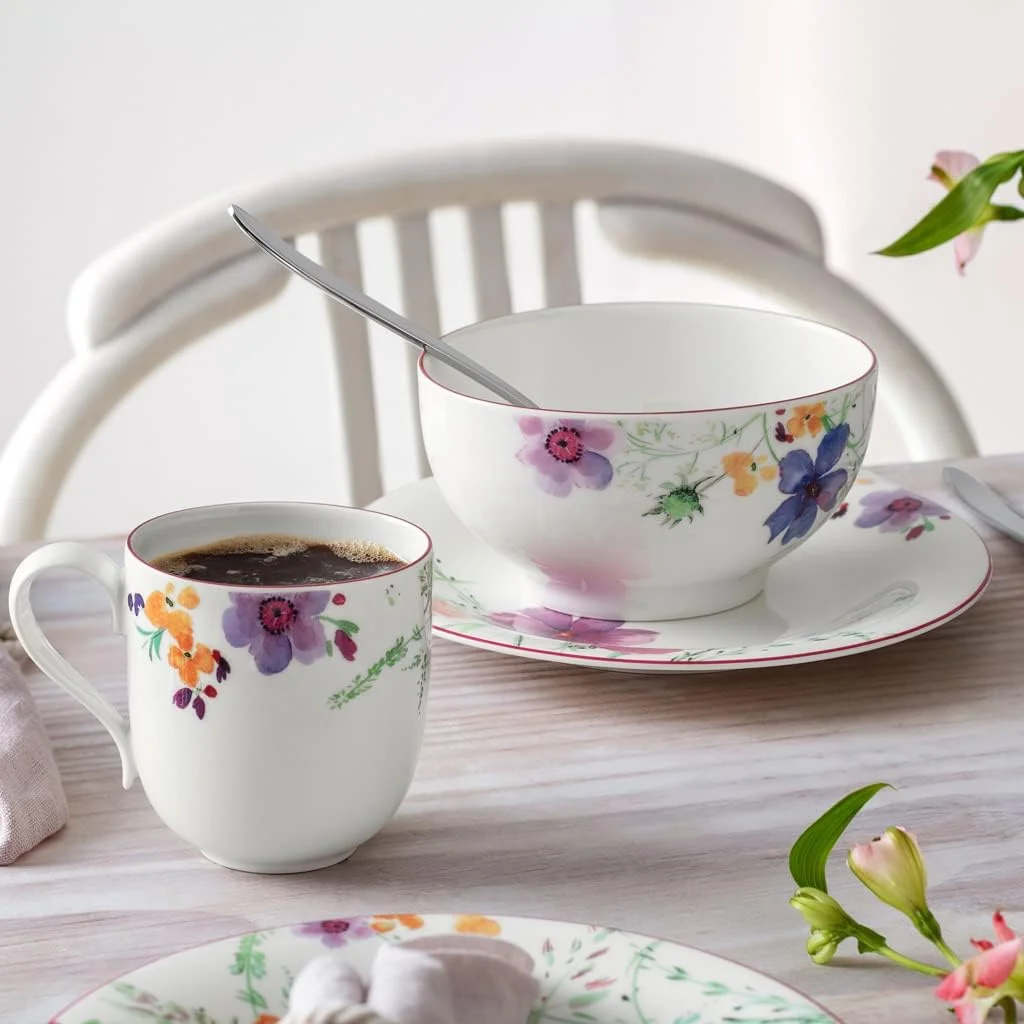 Villeroy & Boch Mariefleur Basic، کاسه گرد چینی مرغوب با تزئین گل بازیگوش، قابل شستشو در ماشین ظرفشویی، 750 میلی لیتر، سفید، 15 سانتی متر