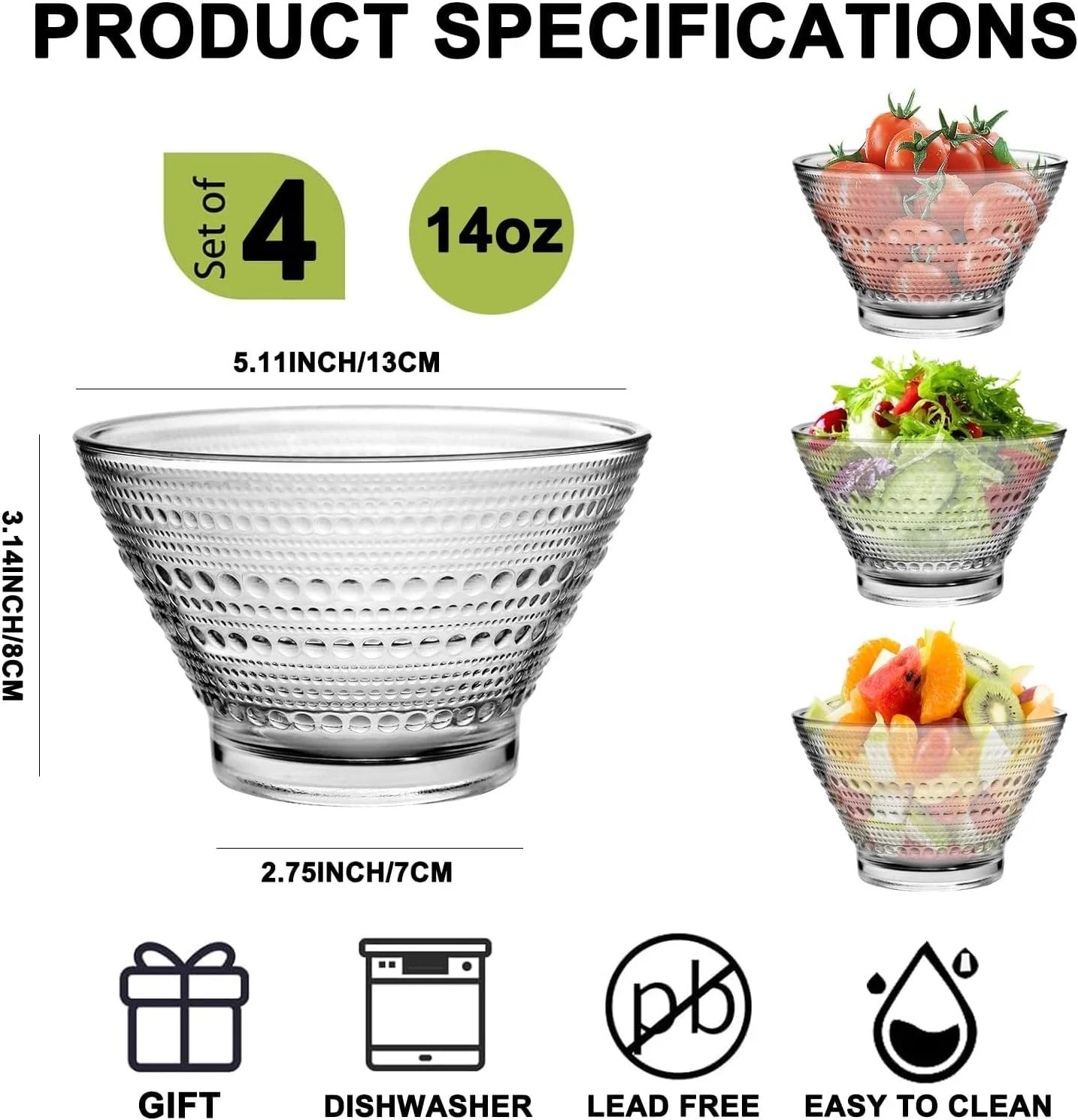 کاسه سالاد شیشه ای وینتیج، کاسه بستنی 400 میلی لیتری، کاسه دسر شیشه ای بدون BPA برای میوه، سالاد، تنقلات، لوازم مهمانی، دکور میز یا حمام
