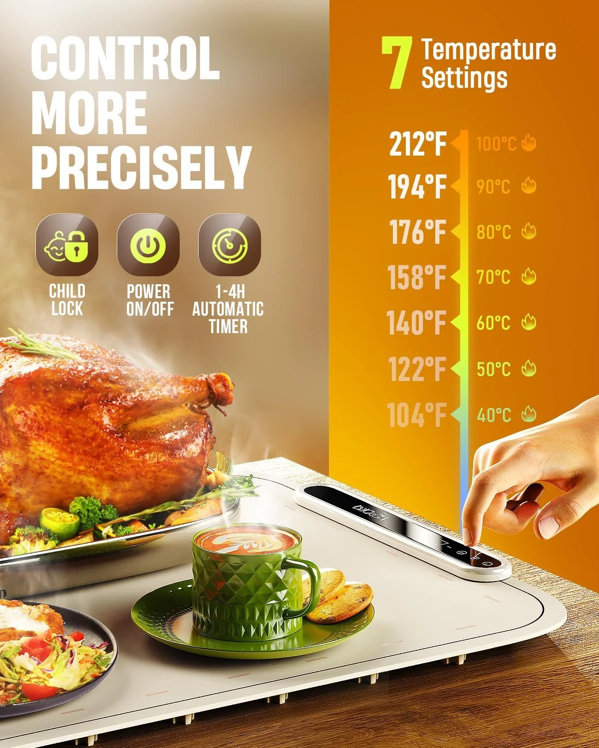 حصیر گرم نگهدارنده غذا وپوکا برای بوفه، سینی گرم کننده برقی برای گرم نگه داشتن غذا در مهمانی، حصیر گرم کننده سیلیکونی با 7 سطح دما و خاموش شدن خودکار، گرم کننده غذا برای مهمانی ها، دورهمی ها، استفاده روزمره