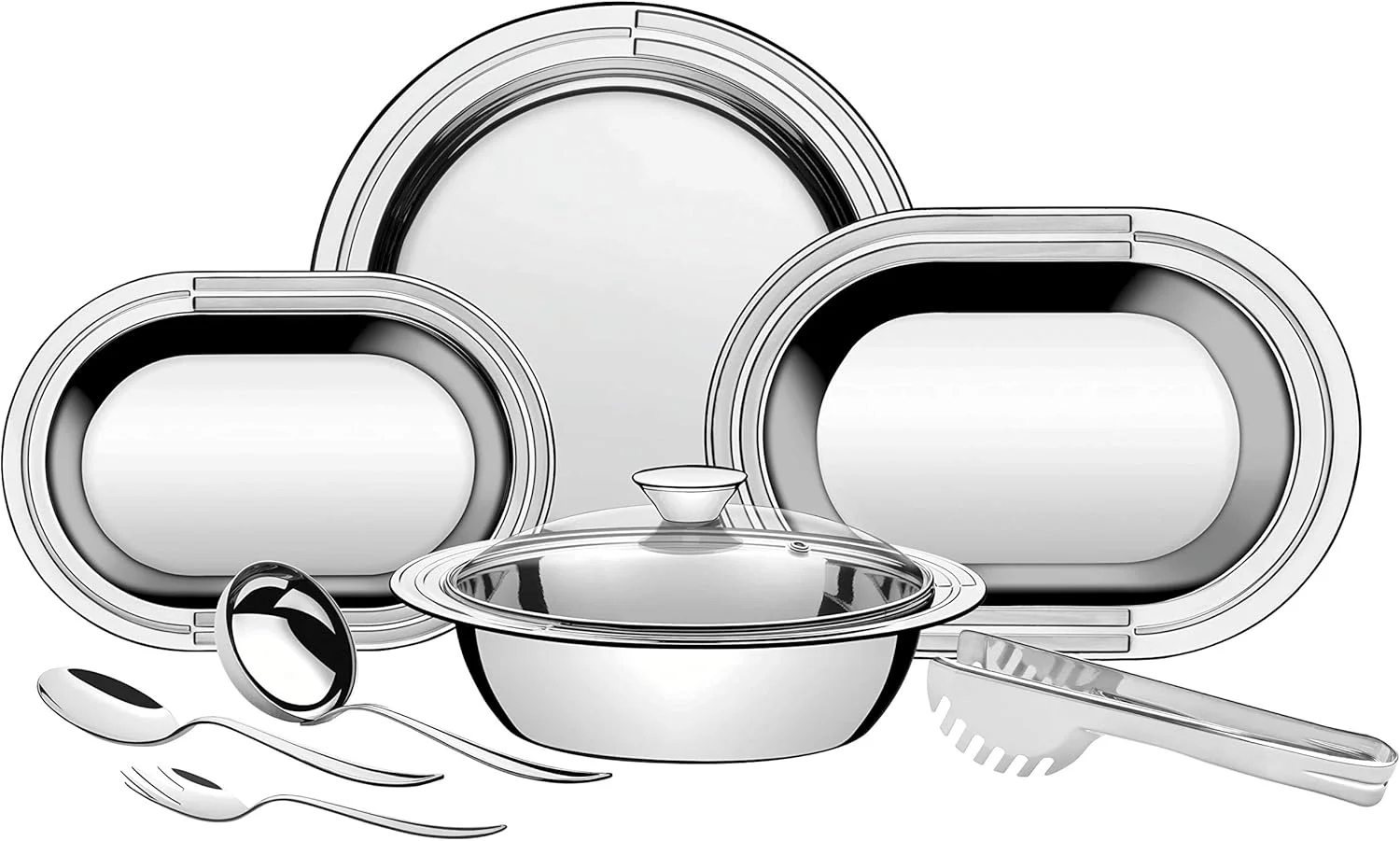 ست 3 تکه استیل ضد زنگ ترامونتینا برای برشته کردن و سرو - ست لوازم آشپزی، گرم کننده غذا، ست بوفه ظرف گرم کن، سینی غذا، گرم کننده غذا برای مهمانی ها، پذیرایی