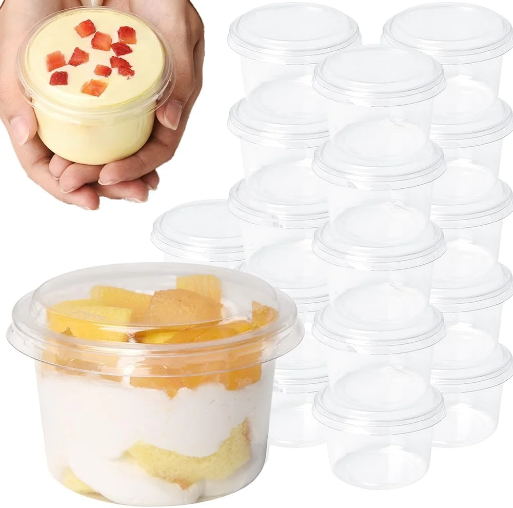 50 عدد فنجان دسر پلاستیکی شفاف، 150 میلی لیتر، کاسه های دسر کریستالی شفاف با درب، ظروف کوچک دایره ای قابل انجماد، قابل چیدن، مناسب برای میوه ها، ماست، بستنی