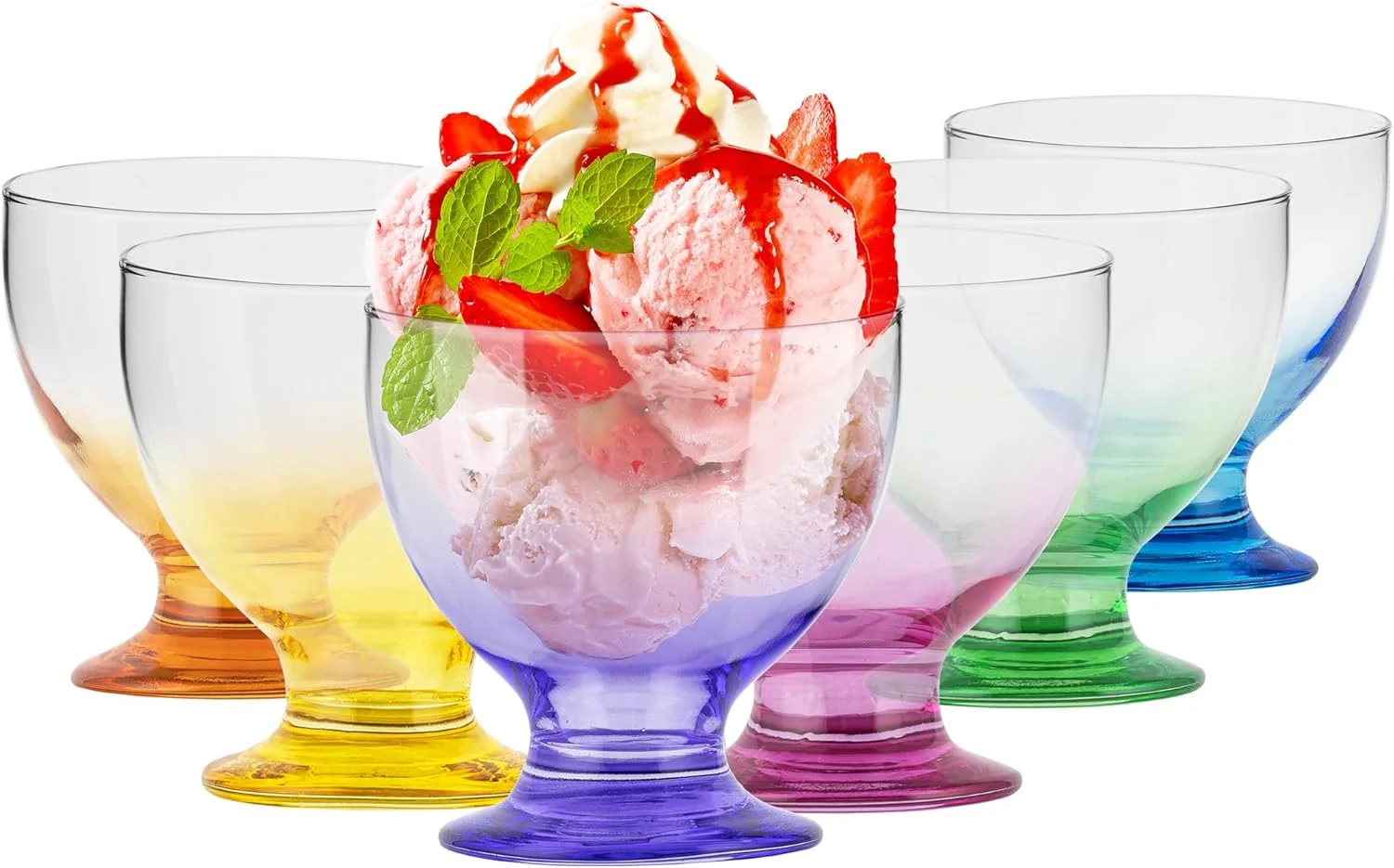 TREND FOR HOME Ice Cream Sundae Glass Dessert Bowls Glass Colourful | 475 ml | Set of 6 | Dessert Glasses on Base Glass Bowl Serving Bowls Set Dessert Cups | Dishwasher Safe | Selina Rainbow Blast