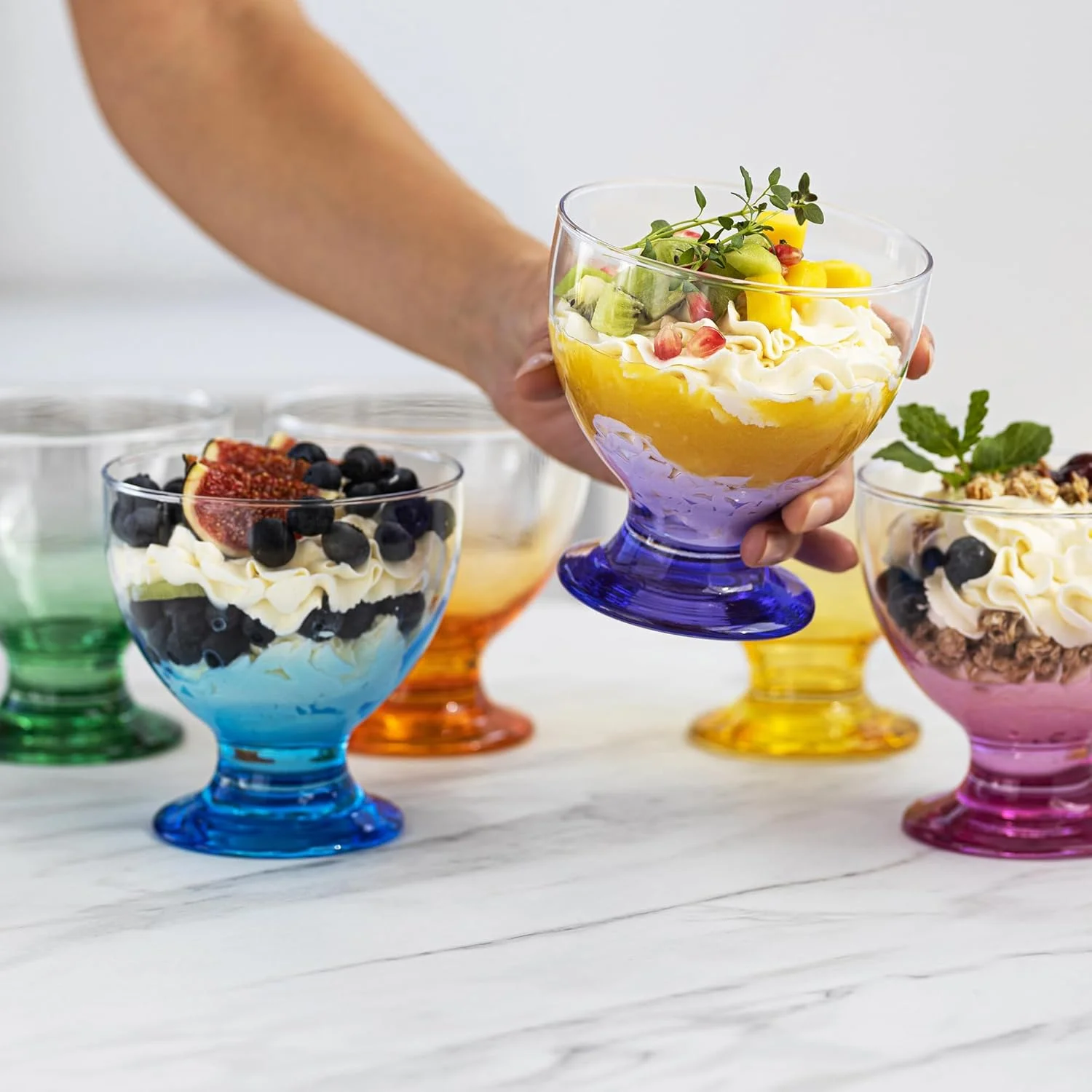 TREND FOR HOME Ice Cream Sundae Glass Dessert Bowls Glass Colourful | 475 ml | Set of 6 | Dessert Glasses on Base Glass Bowl Serving Bowls Set Dessert Cups | Dishwasher Safe | Selina Rainbow Blast