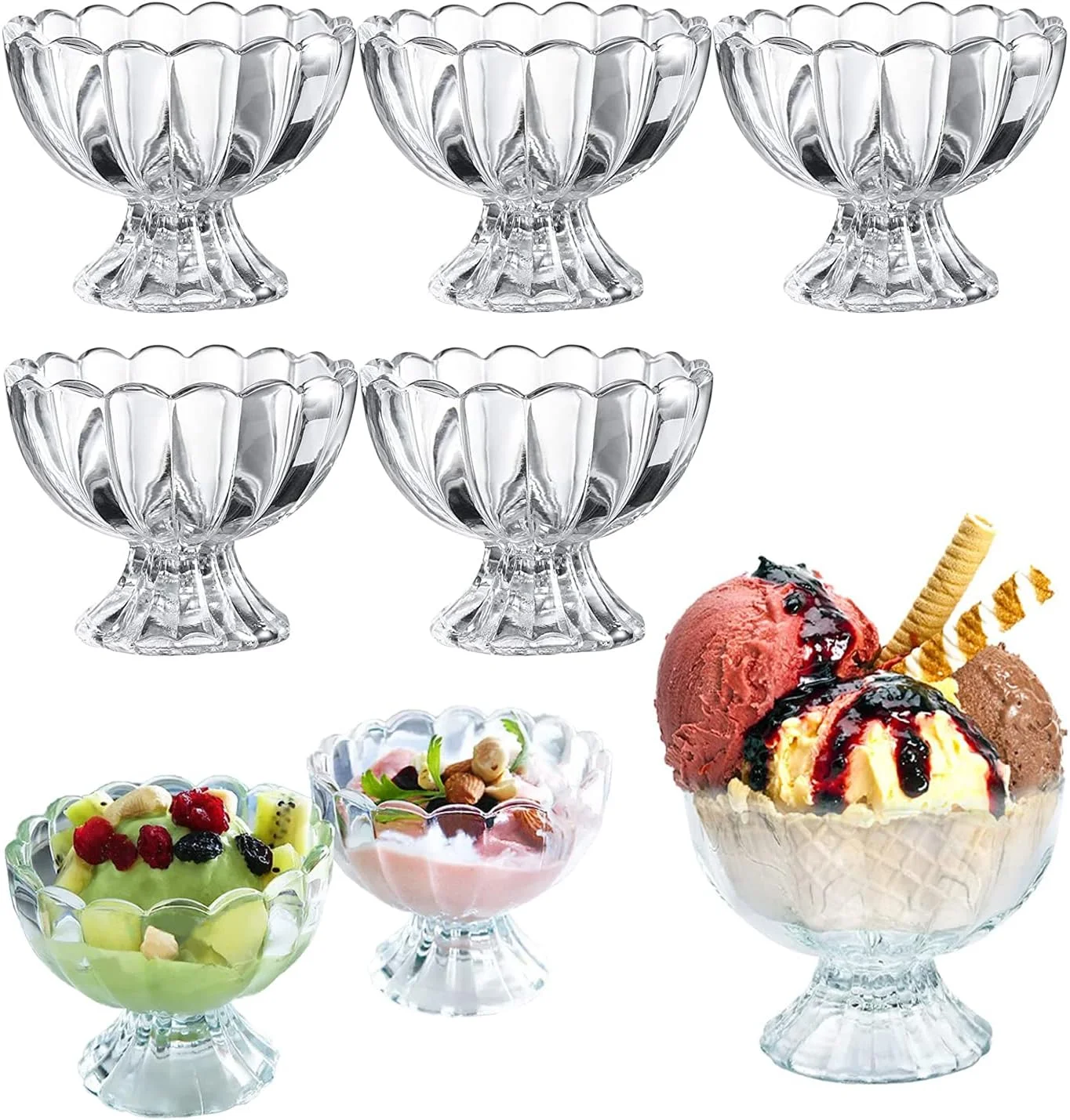 مجموعه 5 عددی کاسه/جام دسر پایه دار شیشه ای شفاف TOMVAES، ست کاسه شیشه ای، برای دسر، بستنی، میوه، سالاد، میان وعده، کوکتل، چاشنی، ترایفل و مهمانی تعطیلات کریسمس