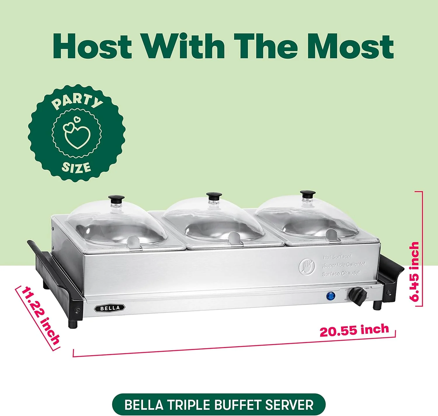 BELLA 3 x 1.5 Quart Triple Electric Buffet Server, Food Warming Tray & Slow Cooker - Brushed Stainless Steel Heated Serving Station for Parties & Catering