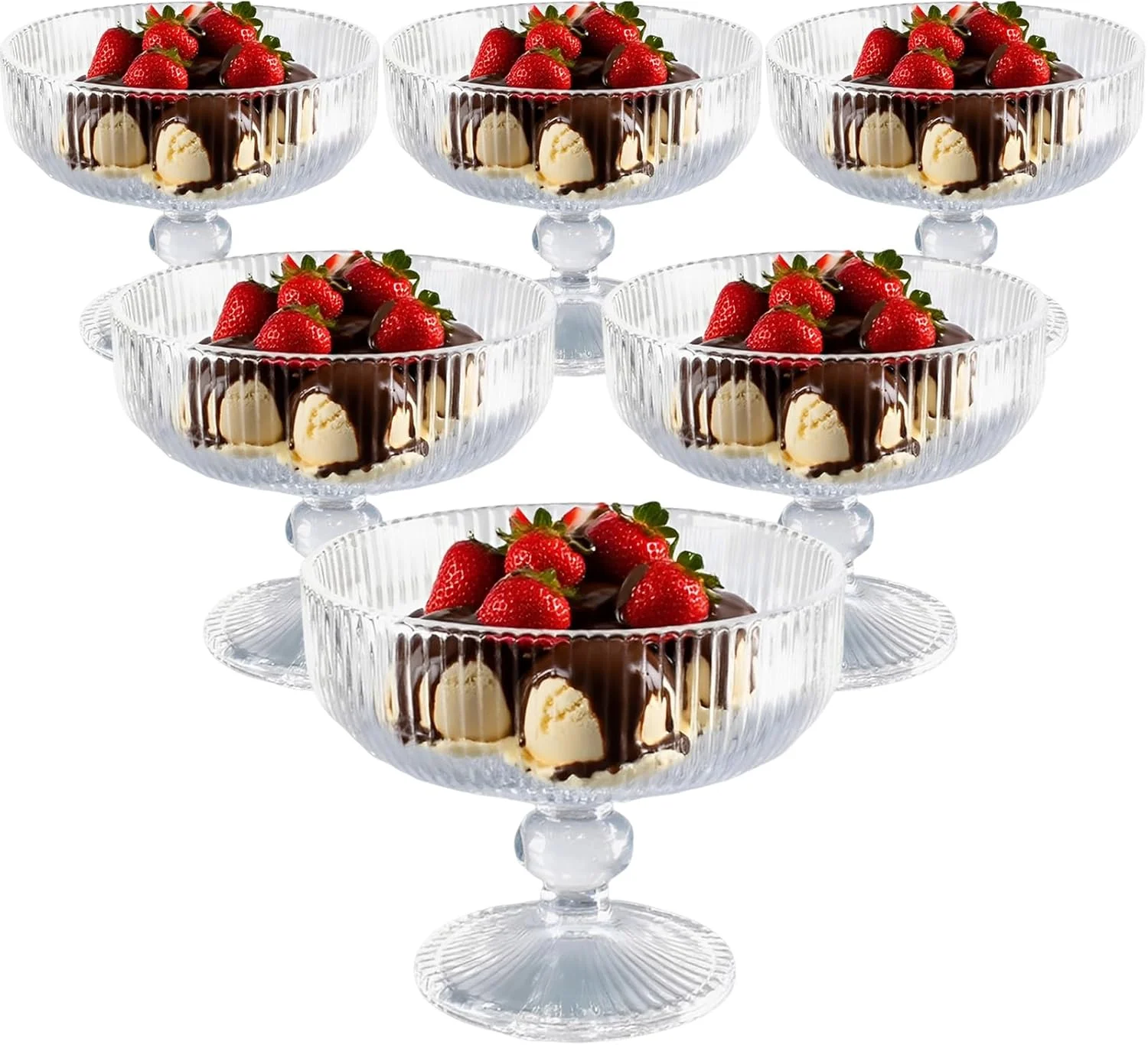 ست 6 تایی کاسه دسر تولاستو، شیشه برجسته طرح راه راه وینتیج، کاسه پایه دار دسر بستنی ترایفل سالاد آبنبات کیک برای مهمانی خانگی عروسی - 320 میلی لیتر (11 اونس)، شفاف