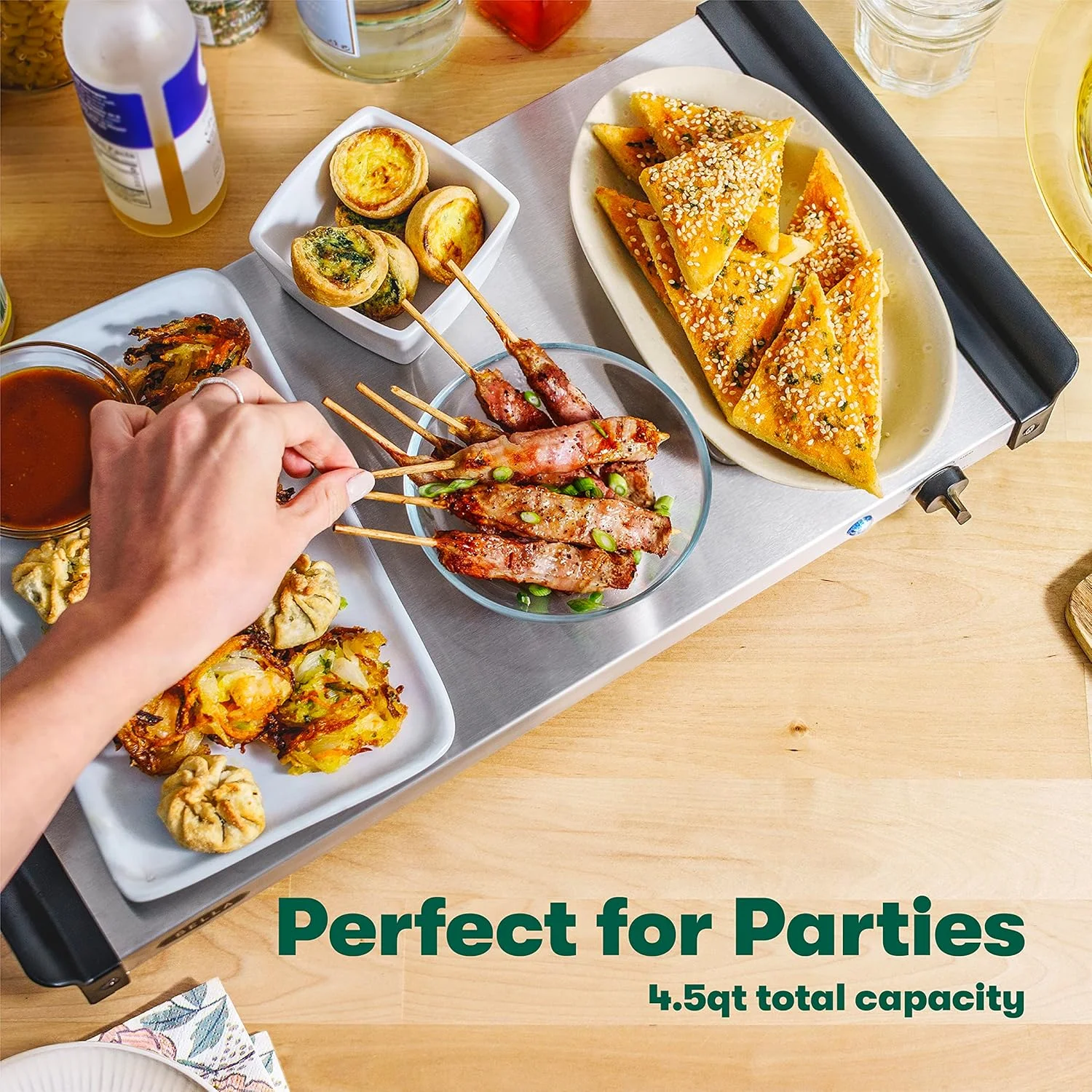 BELLA 3 x 1.5 Quart Triple Electric Buffet Server, Food Warming Tray & Slow Cooker - Brushed Stainless Steel Heated Serving Station for Parties & Catering