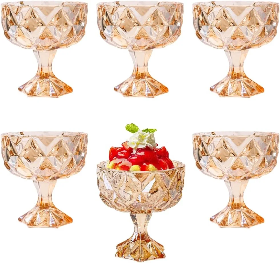 ست 6 عددی کاسه دسر شیشه ای TOMVAES، جام بستنی خوری، کاسه/فنجان دسر شیشه ای پایه دار طرح لاله، مناسب برای دسر، بستنی، میوه، سالاد، میان وعده، کوکتل (کهربایی)