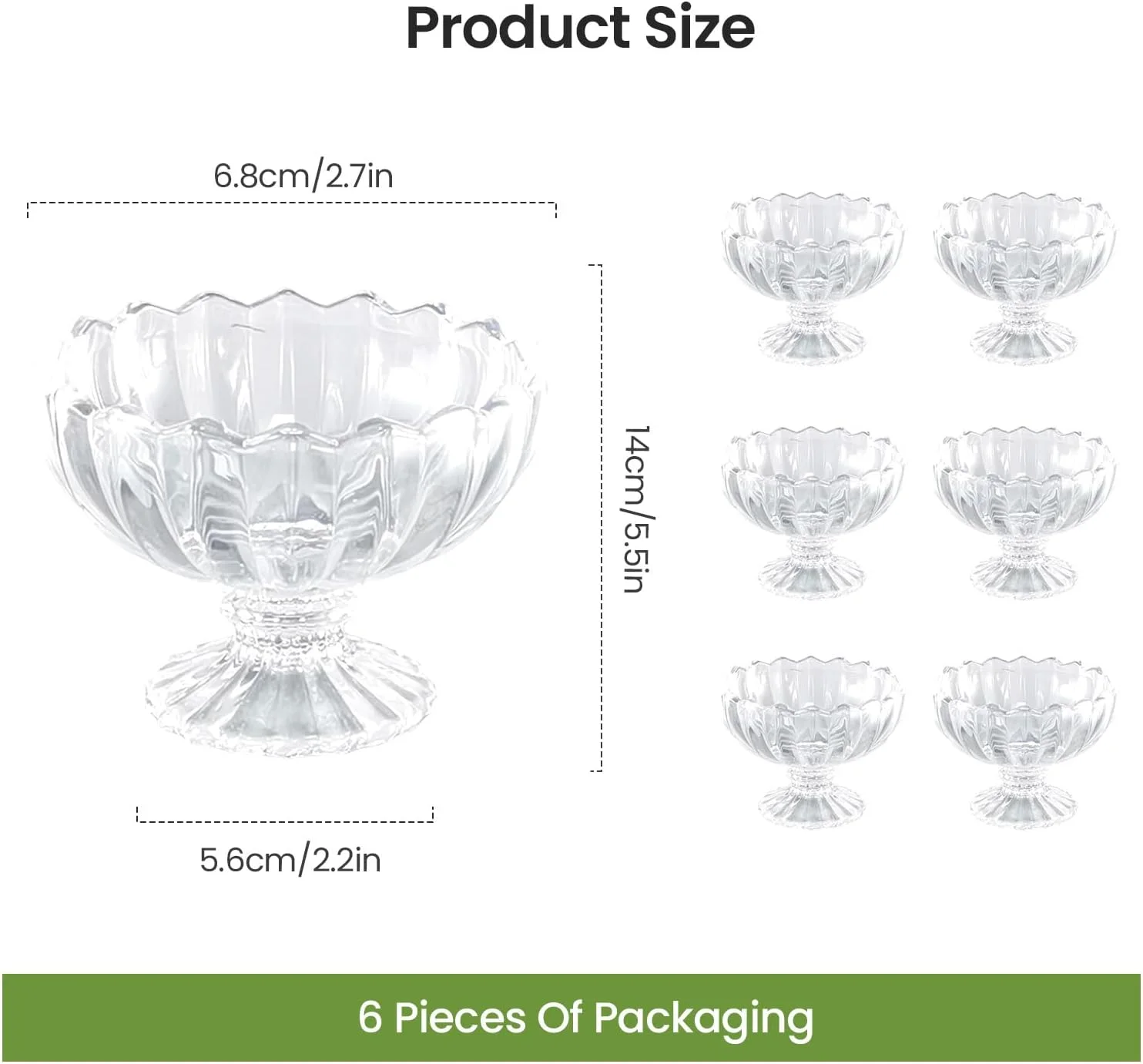TOLASTO Set of 6 Glass Dessert Bowls,138ml Clear Ice Cream Bowls, Sundae Glasses, Prawn Cocktail Glasses, Glass Trifle Bowl Serving Bowl for Ice Cream, Desserts, Pudding, Appetizer, Salad, Fruit
