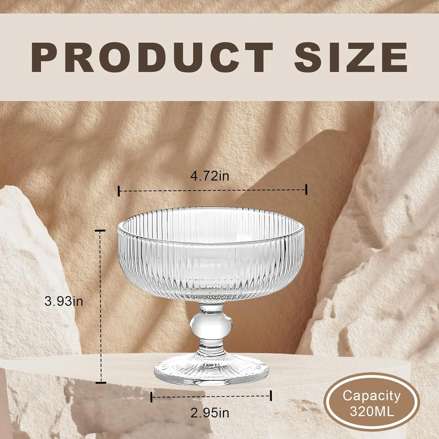 ست 6 تایی کاسه دسر تولاستو، شیشه برجسته طرح راه راه وینتیج، کاسه پایه دار دسر بستنی ترایفل سالاد آبنبات کیک برای مهمانی خانگی عروسی - 320 میلی لیتر (11 اونس)، شفاف