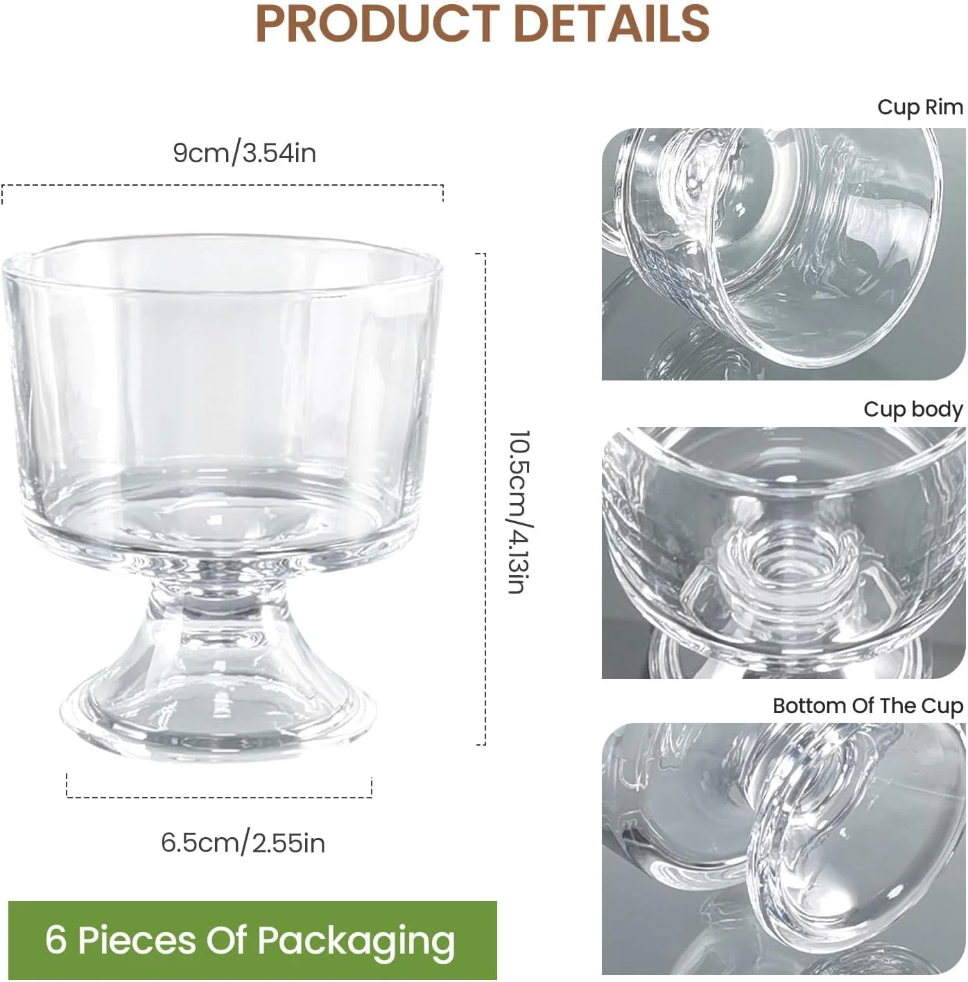 TOLASTO Glass Dessert Bowls Sundae Ice Cream Set of 6 Short Stemmed Prawn Cocktail Glasses Appetiser Fruit Salads Pudding Dishes Footed Dessert Sundae Cocktail Bowls, 280 ML(10 Oz)