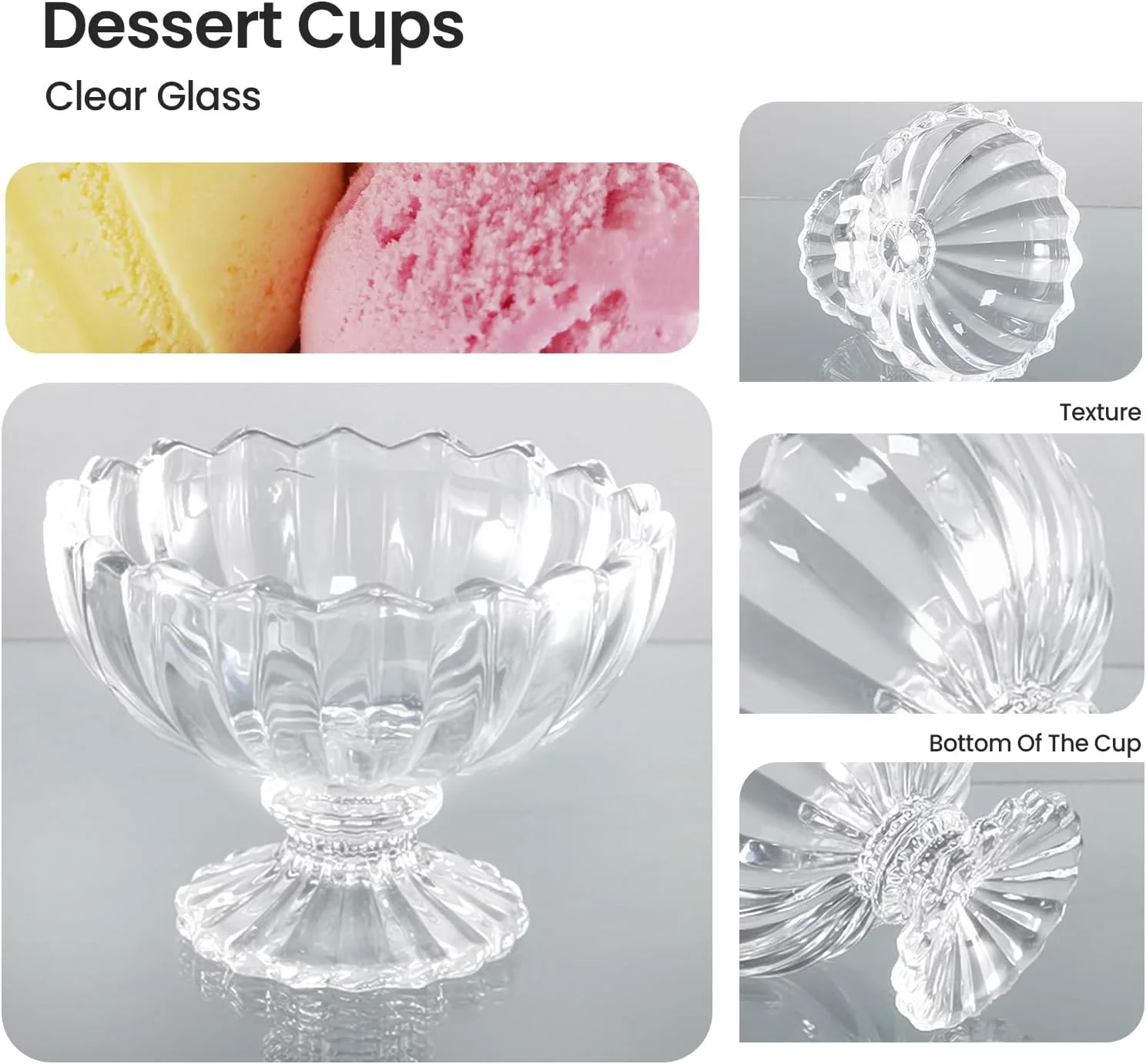 TOLASTO Set of 6 Glass Dessert Bowls,138ml Clear Ice Cream Bowls, Sundae Glasses, Prawn Cocktail Glasses, Glass Trifle Bowl Serving Bowl for Ice Cream, Desserts, Pudding, Appetizer, Salad, Fruit