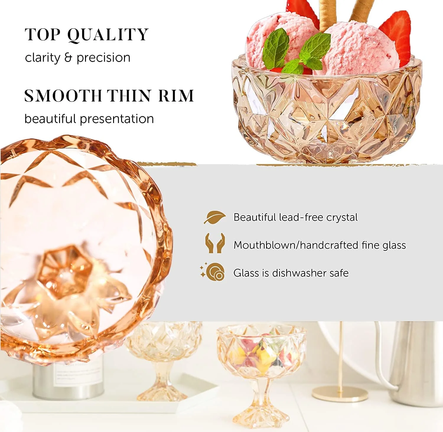 ست 6 عددی کاسه دسر شیشه ای TOMVAES، جام بستنی خوری، کاسه/فنجان دسر شیشه ای پایه دار طرح لاله، مناسب برای دسر، بستنی، میوه، سالاد، میان وعده، کوکتل (کهربایی)