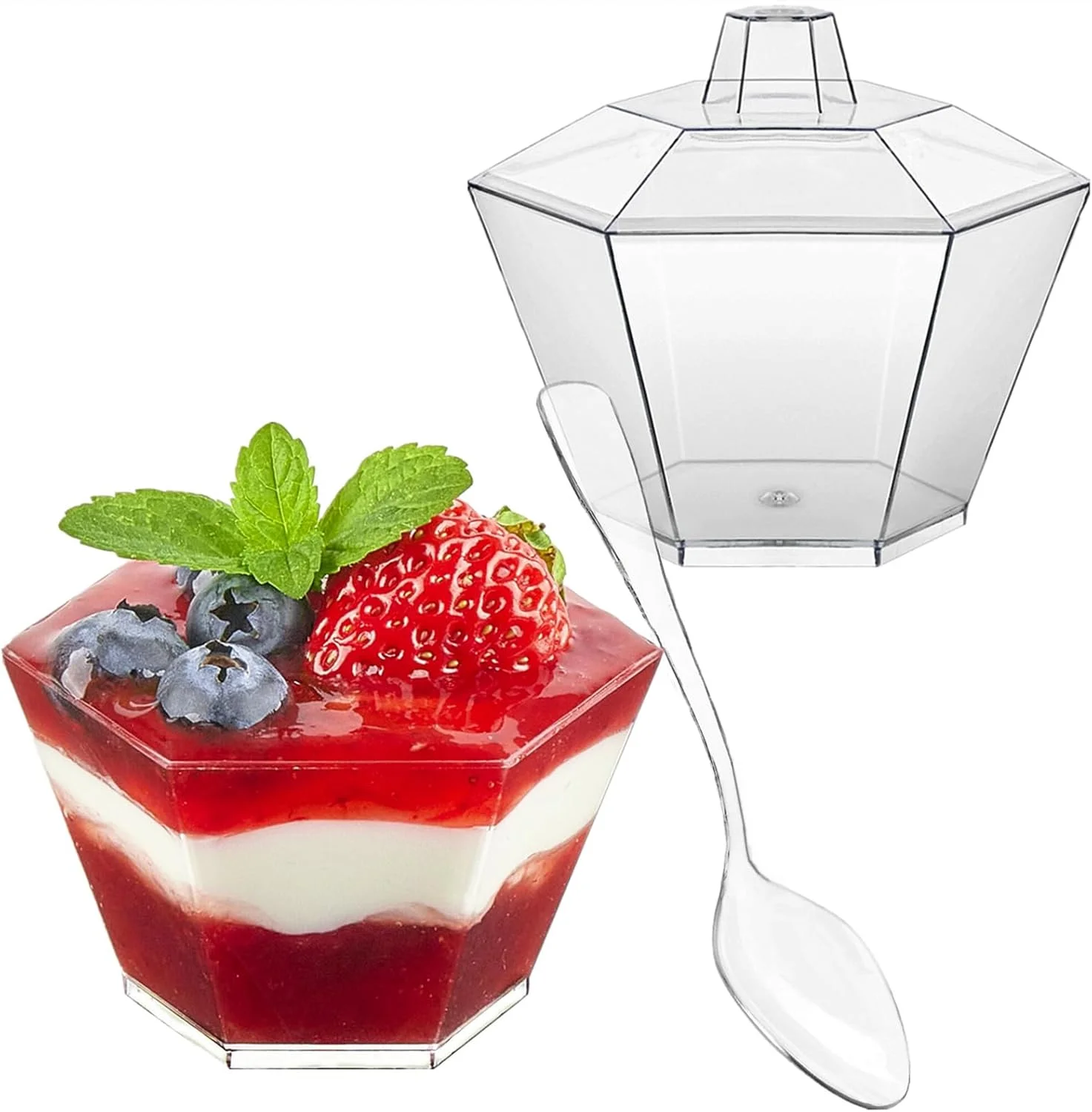 ظروف دسر کوچک TOFLEN، بسته 50 عددی، 100 میلی‌لیتری، با درب و قاشق، کاسه‌های دسر شش ضلعی پلاستیکی شفاف برای سرو دسر، پیش غذا و شات دسر