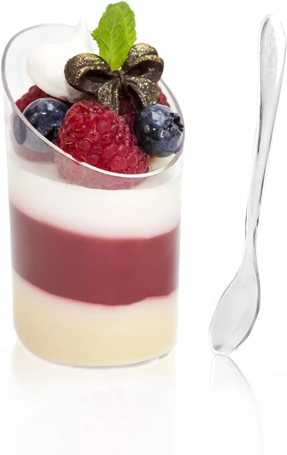 بسته 50 عددی فنجان دسر مینیاتوری TOFLEN به همراه قاشق - فنجان پیش غذای پلاستیکی شفاف 2.2 اونسی - فنجان های تیراندازی گرد شیب دار قابل استفاده مجدد برای چشیدن نمونه پیش غذا موس میوه ای پودینگ