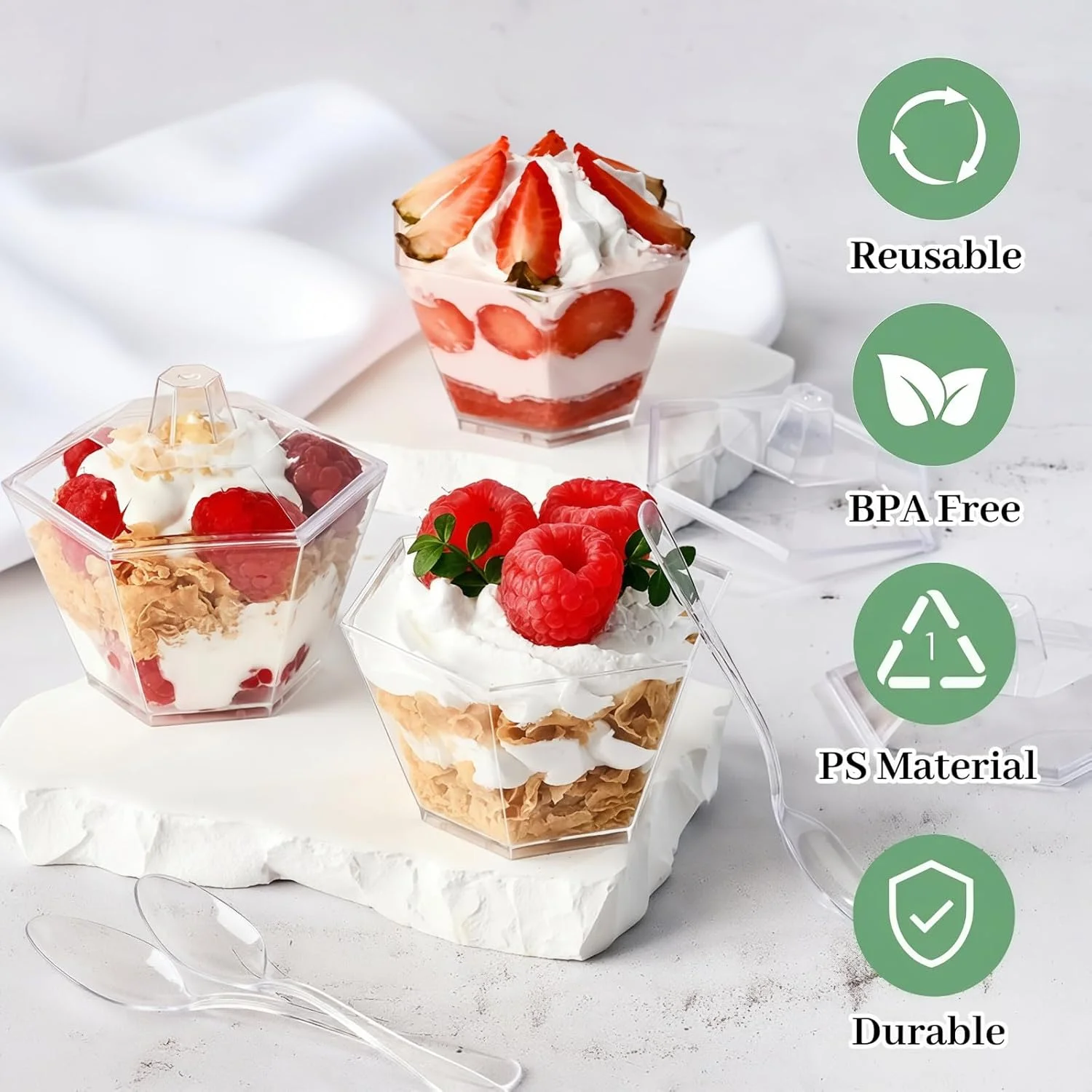 ظروف دسر کوچک TOFLEN، بسته 50 عددی، 100 میلی‌لیتری، با درب و قاشق، کاسه‌های دسر شش ضلعی پلاستیکی شفاف برای سرو دسر، پیش غذا و شات دسر