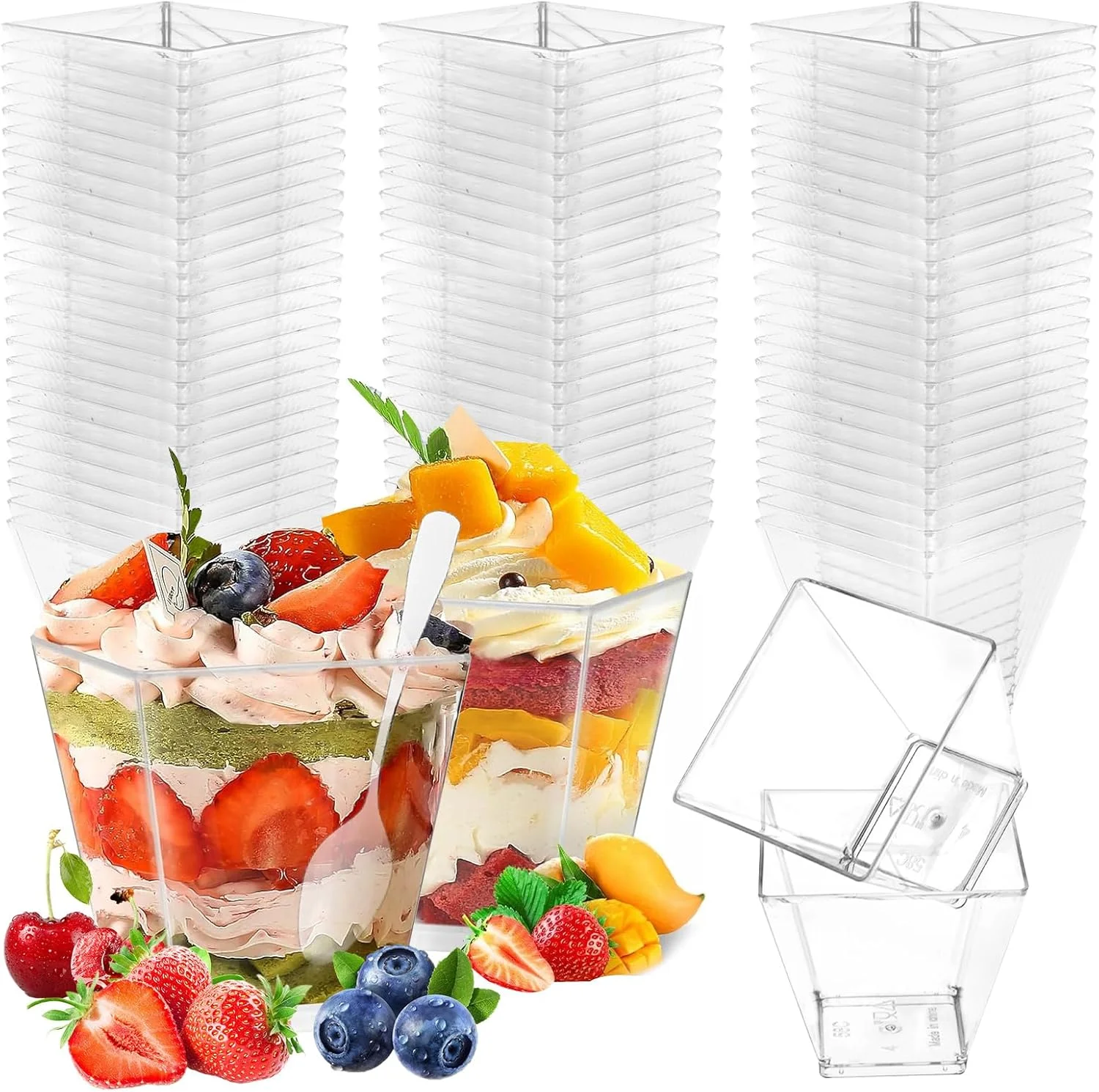 ظروف دسر تالیفوکا بسته 50 عددی، فنجان دسر پلاستیکی 60 میلی لیتری، کاسه دسر، قابل استفاده مجدد، فنجان های دسر مربعی برای پودینگ موس بستنی مهمانی دسر