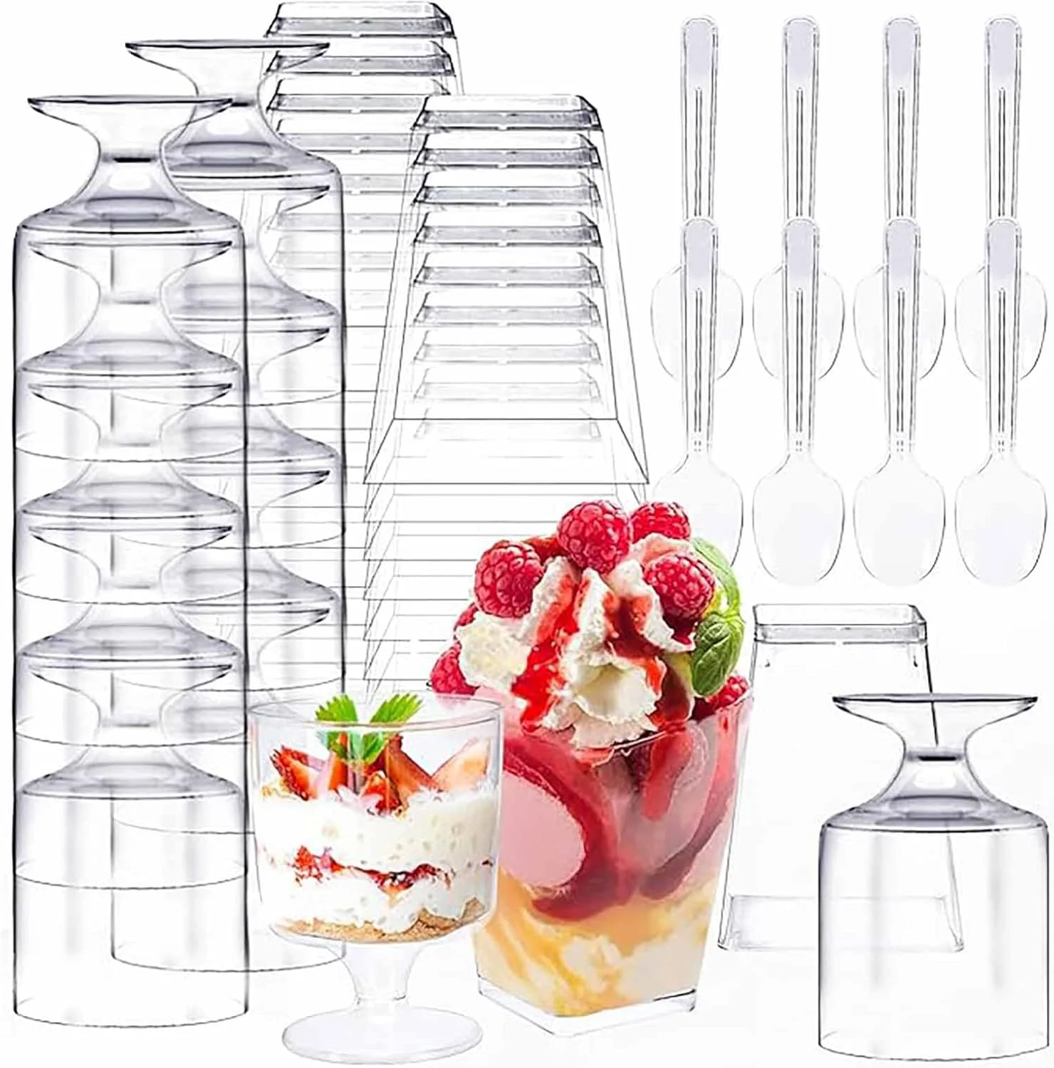 ظروف دسر تزویق 200 عددی 5 اونسی به همراه قاشق، 50 عدد مینی مربع بلند، 50 عدد ظرف پیش غذا شفاف، 100 عدد قاشق پلاستیکی برای بستنی، کیک، مهمانی