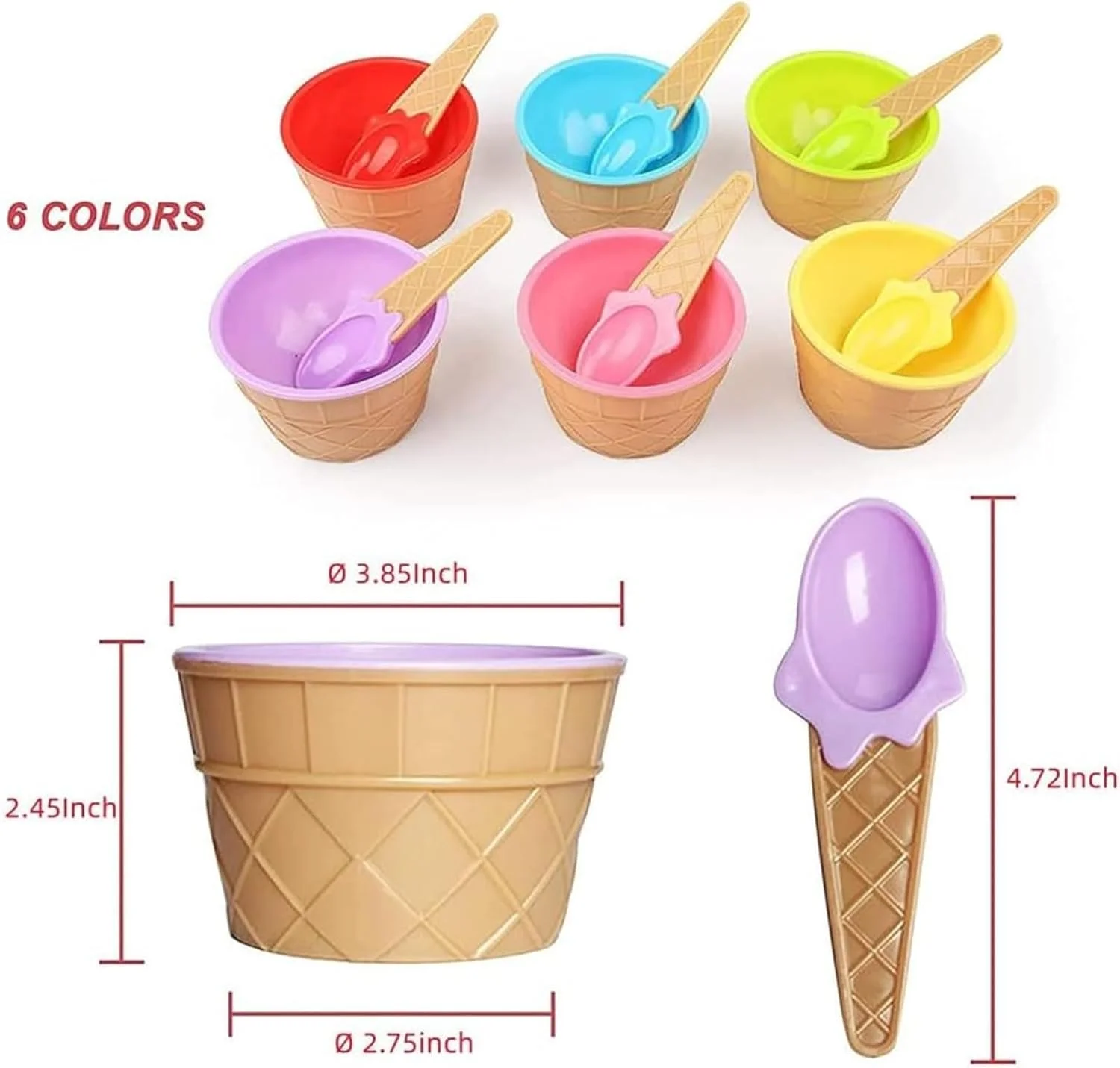 ظروف بستنی و قاشق TAME، ظروف بستنی رنگ آبنباتی کارتونی برای ست بچه ها، فنجان های بستنی پلاستیکی قابل استفاده مجدد، تزئینات جشن تولد بستنی (6 عددی)