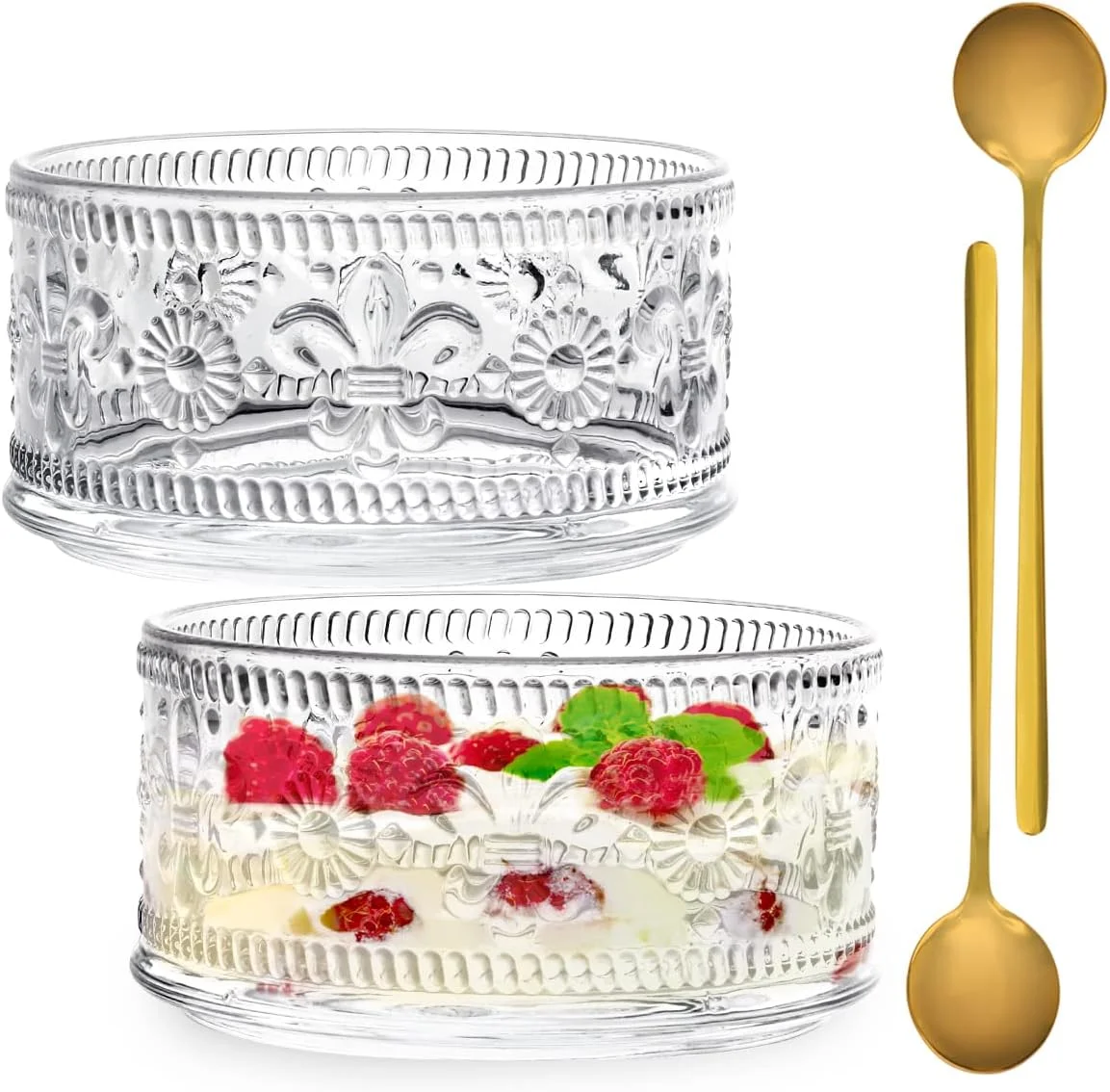 ست کاسه دسر شیشه ای Swetwiny، کاسه سرو شیشه ای 460 میلی لیتری با قاشق طلایی، کاسه بستنی، کاسه ترایفل برای دسر، بستنی، غلات، آجیل، پودینگ (گل سوسن)
