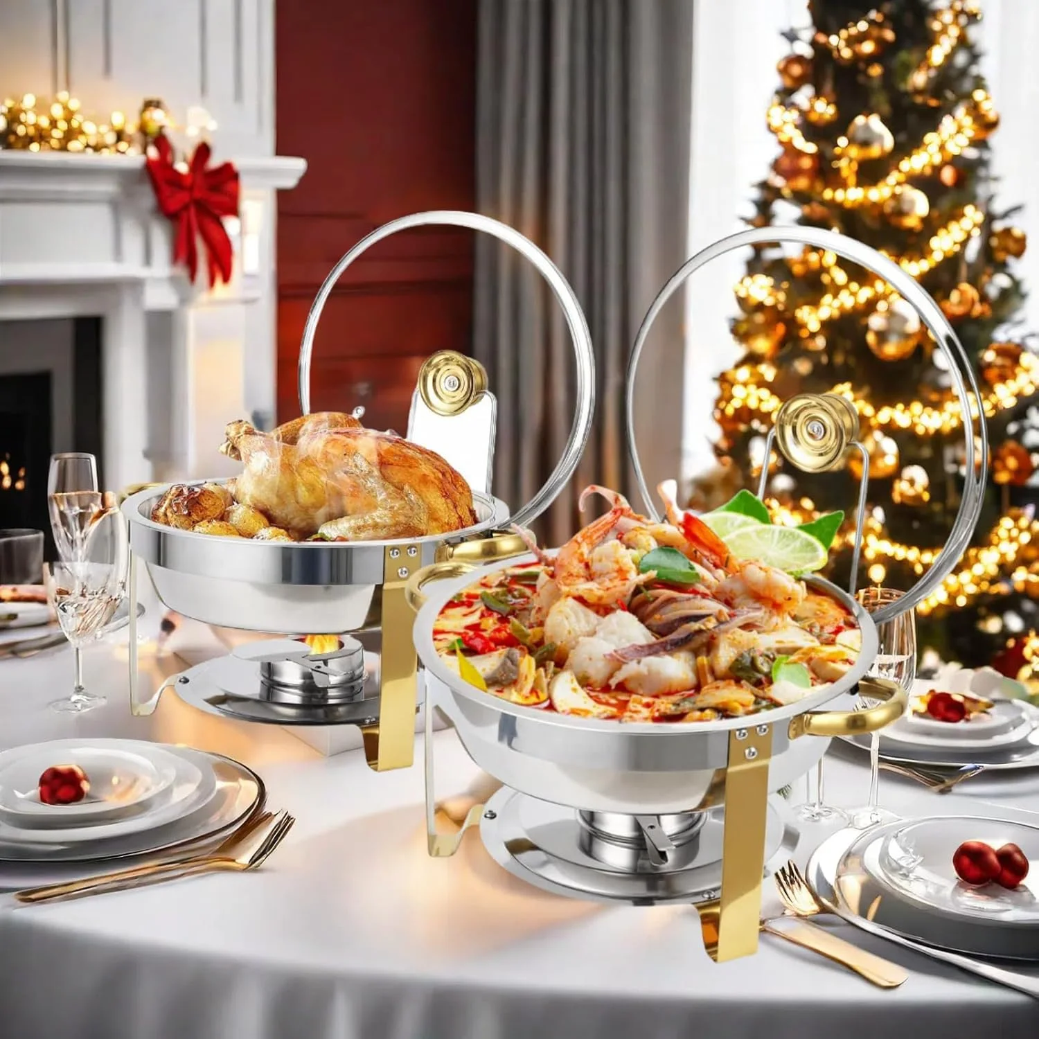 ظروف گرم نگهدارنده غذا تاکیوپ، ست بوفه 2 عددی، گرمکن غذا 5 کوارت، گرمکن غذای گرد استیل ضد زنگ با درب شیشه ای و نگهدارنده درب، مناسب مهمانی ها و مجالس، طلایی