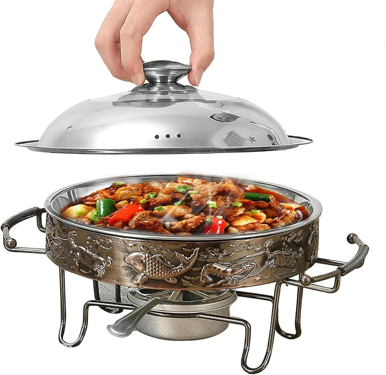 Round Chafing Dish & Food Warmers, Stainless Steel Full Size Buffet Server Warming Tray with Alcohol Furnace and Lid, for Weddings/Parties/Banquets/Catering Eve,Shallow Basin-28cm