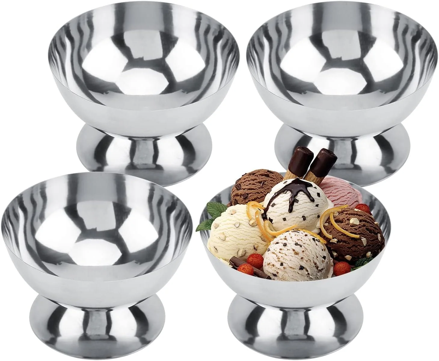 ست 4 عددی کاسه بستنی، کاسه دسر استیل ضد زنگ، کاسه های کوچک پایه دار گرد برای ماست، میان وعده، سالاد، میوه، پودینگ و سس، ایده آل برای تولدها و مهمانی ها (نقره ای)