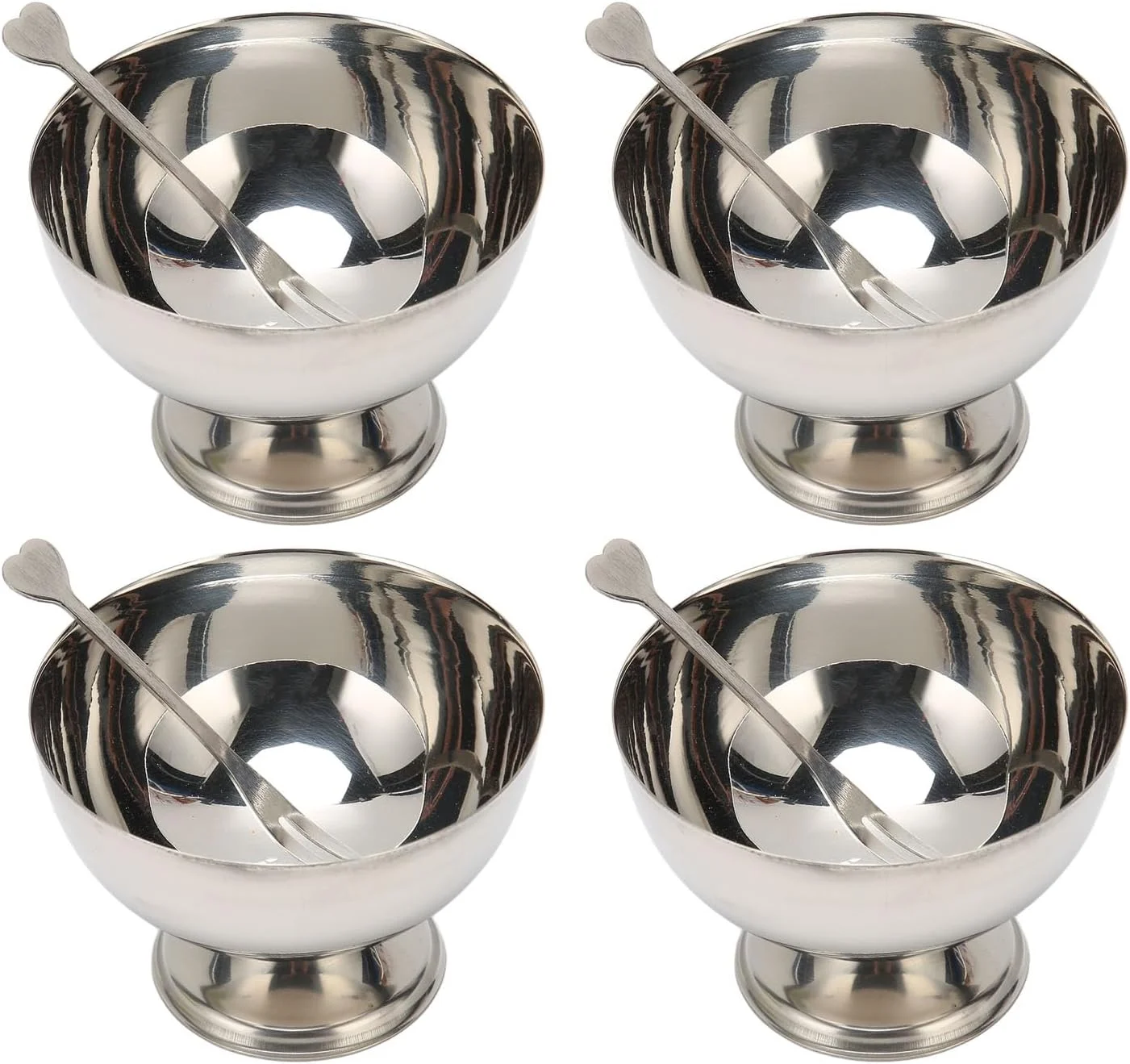 ظرف بستنی استیل ضد زنگ، ست 4 عددی کاسه بستنی با چنگال، فنجان دسر پایه دار، ظرف دسر فلزی قابل استفاده مجدد برای سرو بستنی، سالاد میوه، تنقلات دسر