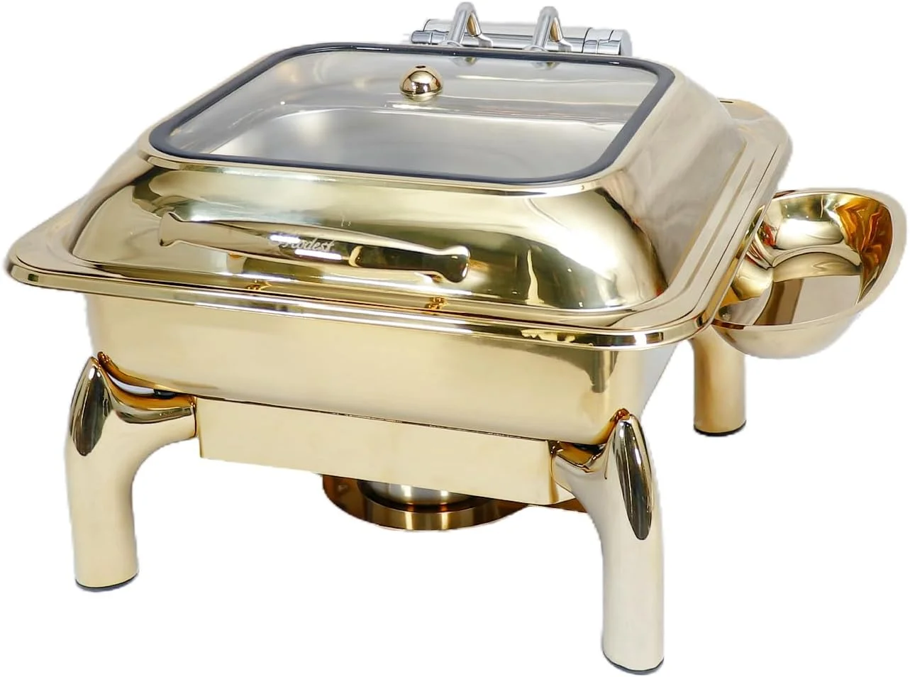 ظرف گرم نگهدارنده غذا بوفه مربعی استیل طلایی 6 لیتری با فشار هیدرولیک، درب شیشه ای بزرگ، مناسب صبحانه هتل، گرم کننده غذا، ست گرمکن بوفه، طلایی
