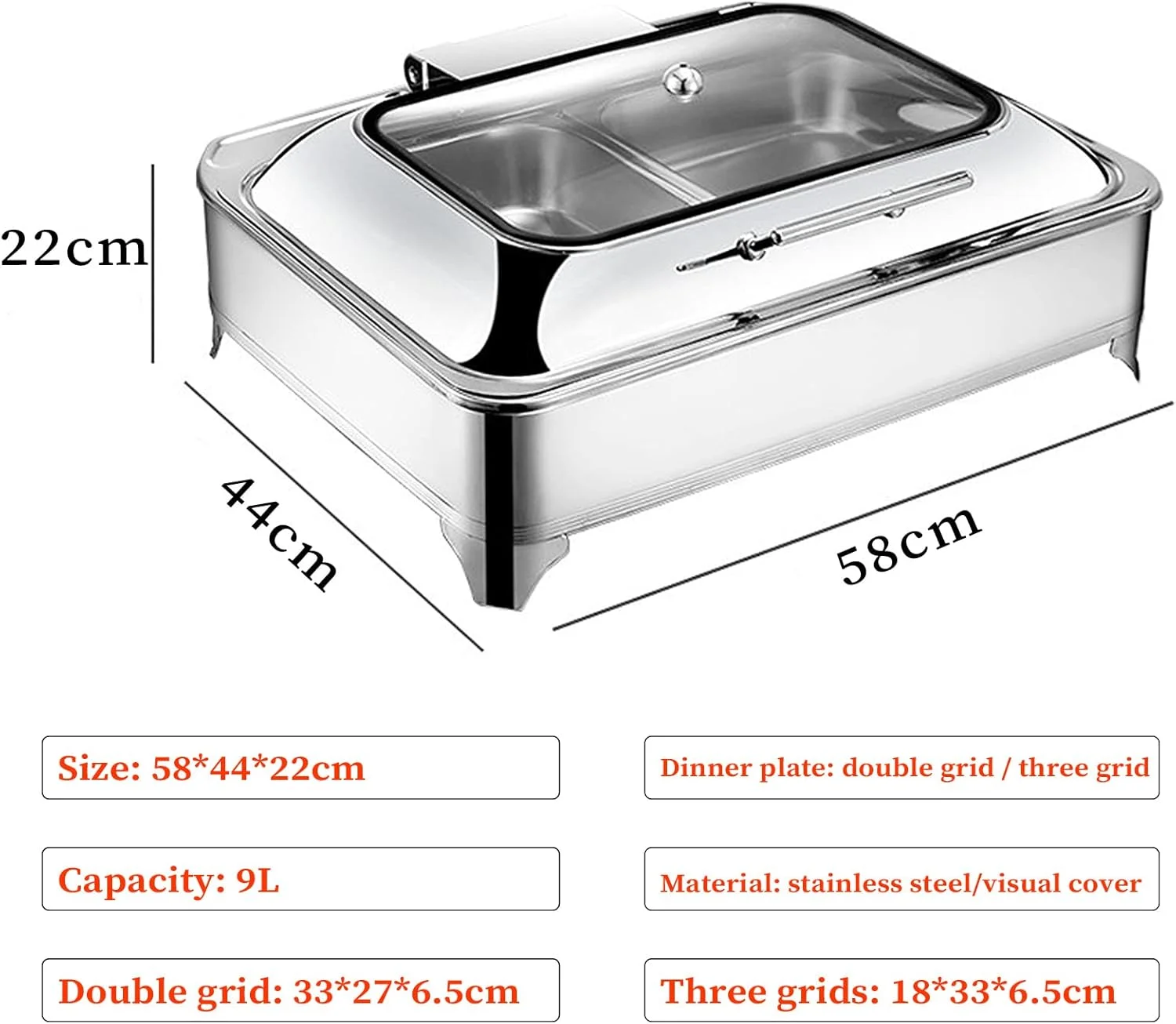گرمکن غذا استیل ضد زنگ برقی برای بوفه، ظرف گرمکن مستطیلی 9 لیتری با درب شیشه ای قابل مشاهده برای بوفه ها، مهمانی های خانگی، GN1/3
